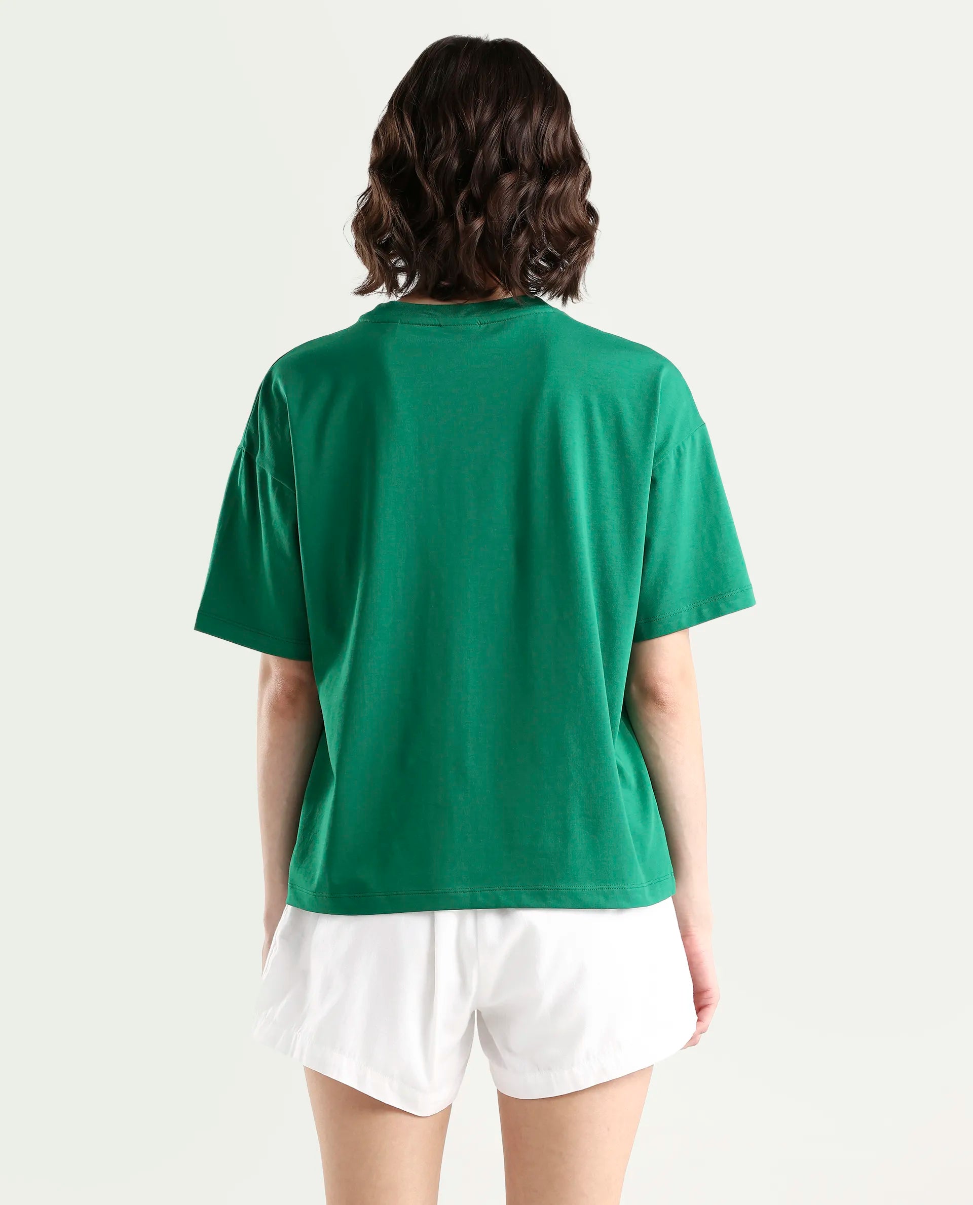 Rareism Women's Zule Dark Green Cotton Blend Half Sleeve Boxy Hd Print T-Shirt