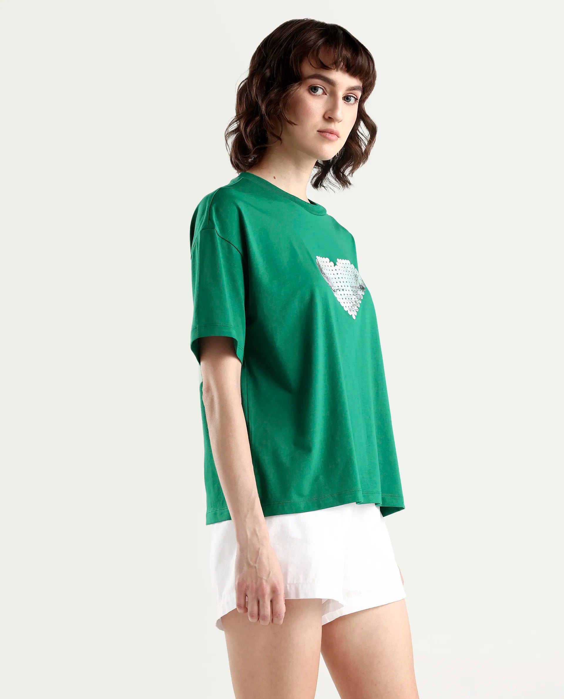 Rareism Women's Zule Dark Green Cotton Blend Half Sleeve Boxy Hd Print T-Shirt