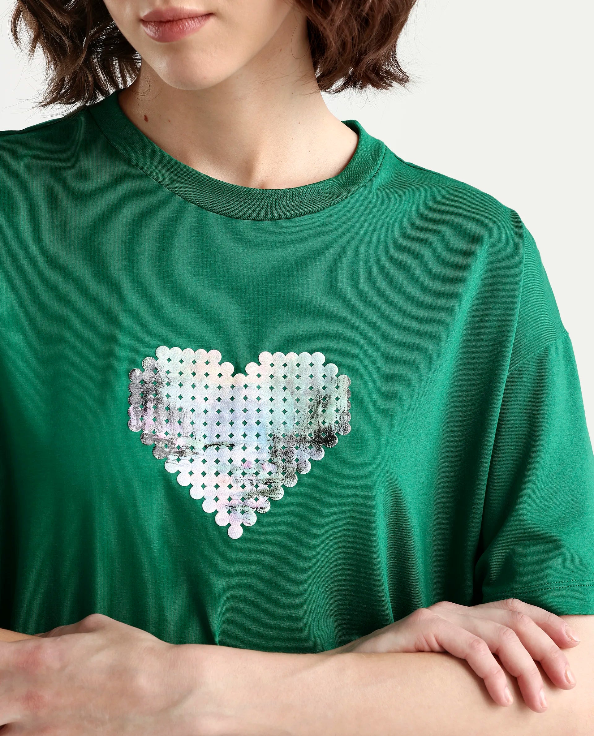 Rareism Women's Zule Dark Green Cotton Blend Half Sleeve Boxy Hd Print T-Shirt