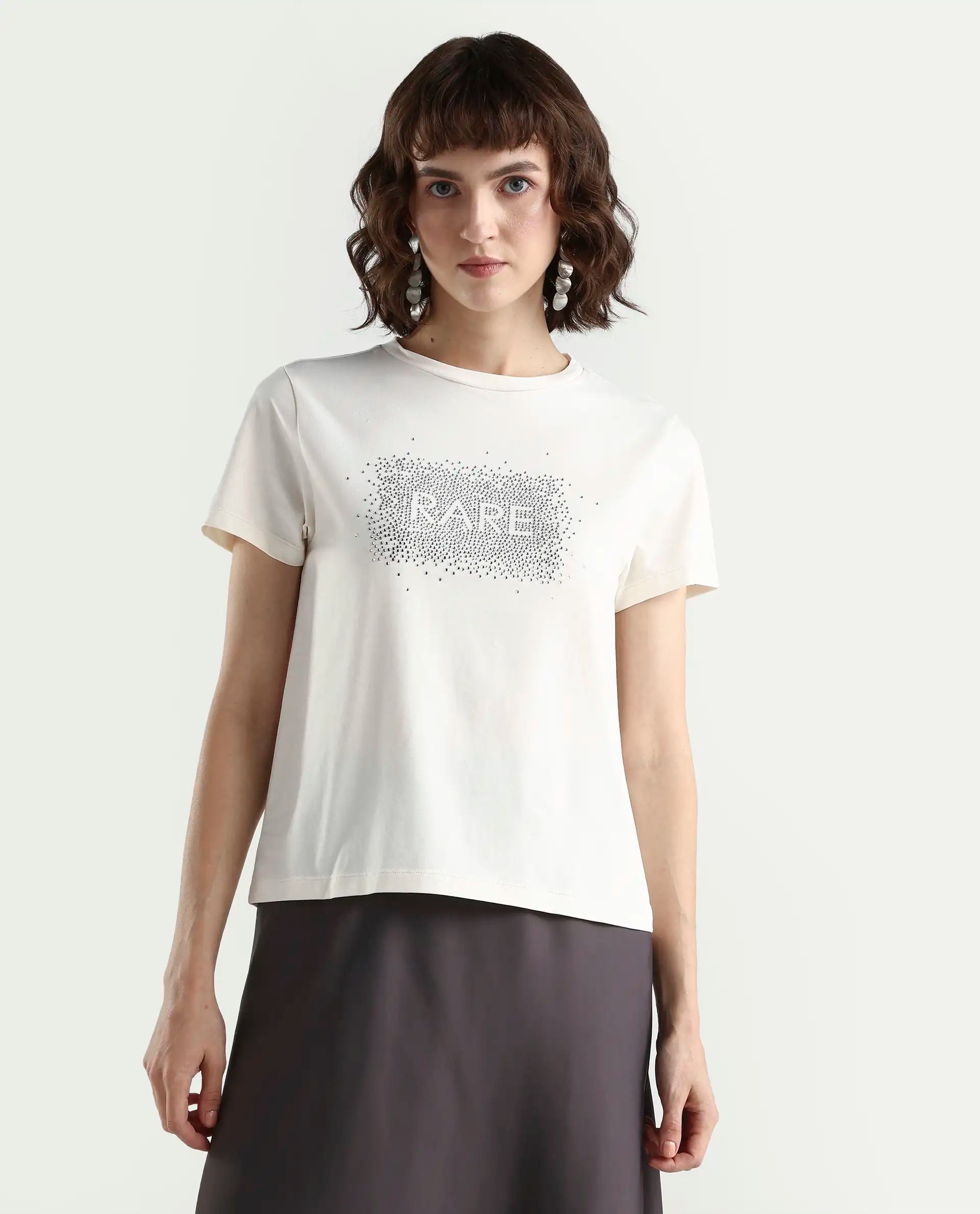 Rareism Women's Zephyr Off White Cotton Blend Half Sleeve Regular Fit Printed T-Shirt