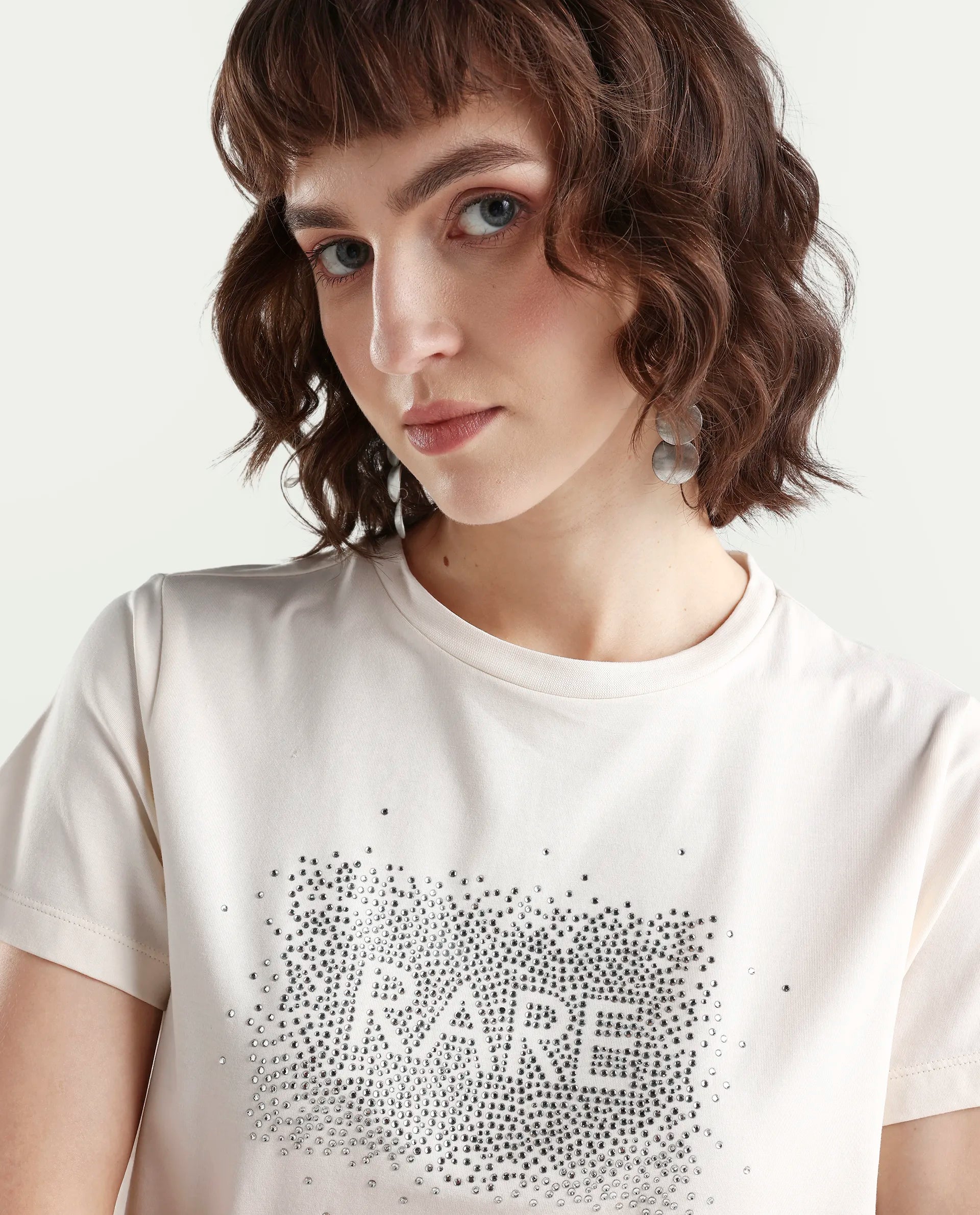 Rareism Women's Zephyr Off White Cotton Blend Half Sleeve Regular Fit Printed T-Shirt