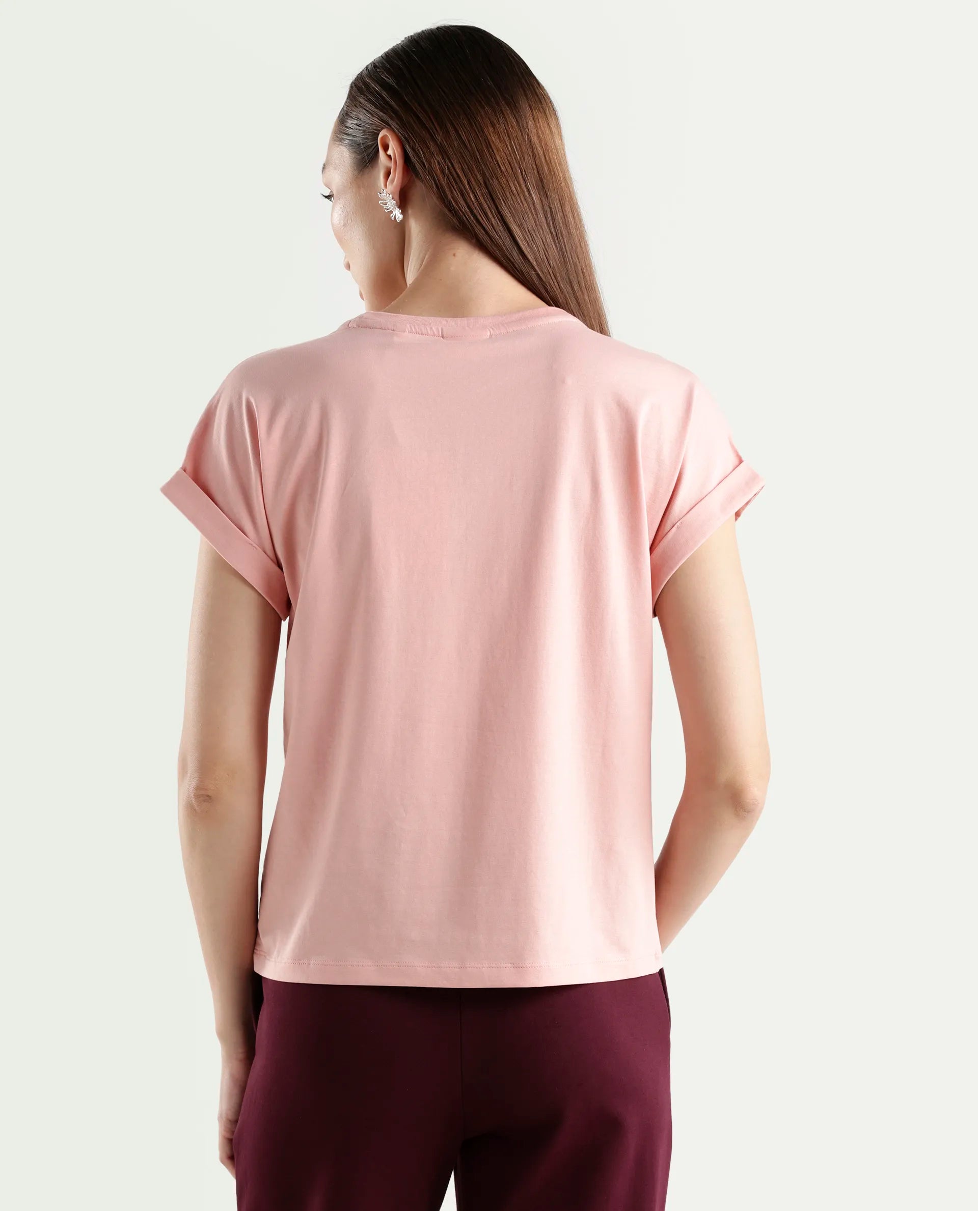 Rareism Women's Zany Peach Cotton Blend Half Sleeve Relaxed Fit Printed T-Shirt