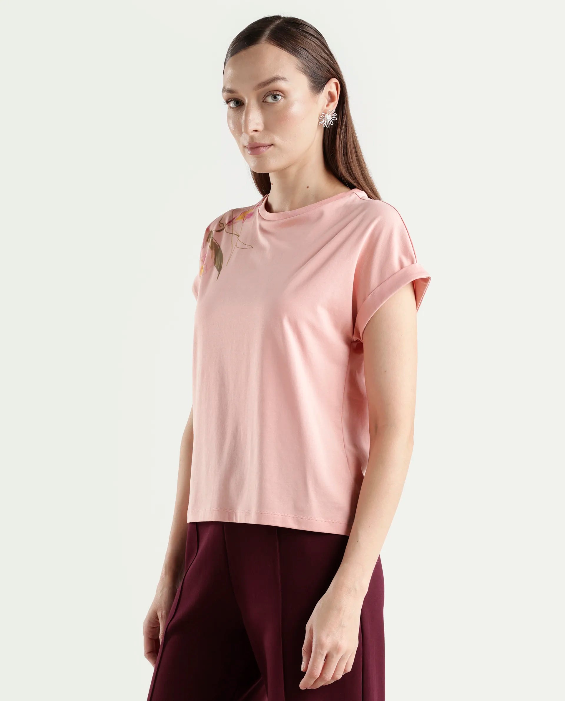 Rareism Women's Zany Peach Cotton Blend Half Sleeve Relaxed Fit Printed T-Shirt