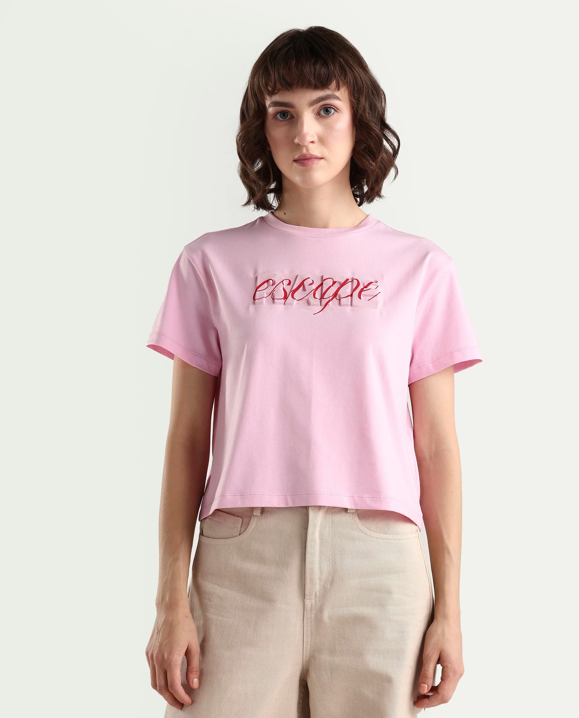 Rareism Women's Zinc Pink Cotton Blend Half Sleeve Relaxed Fit Printed T-Shirt