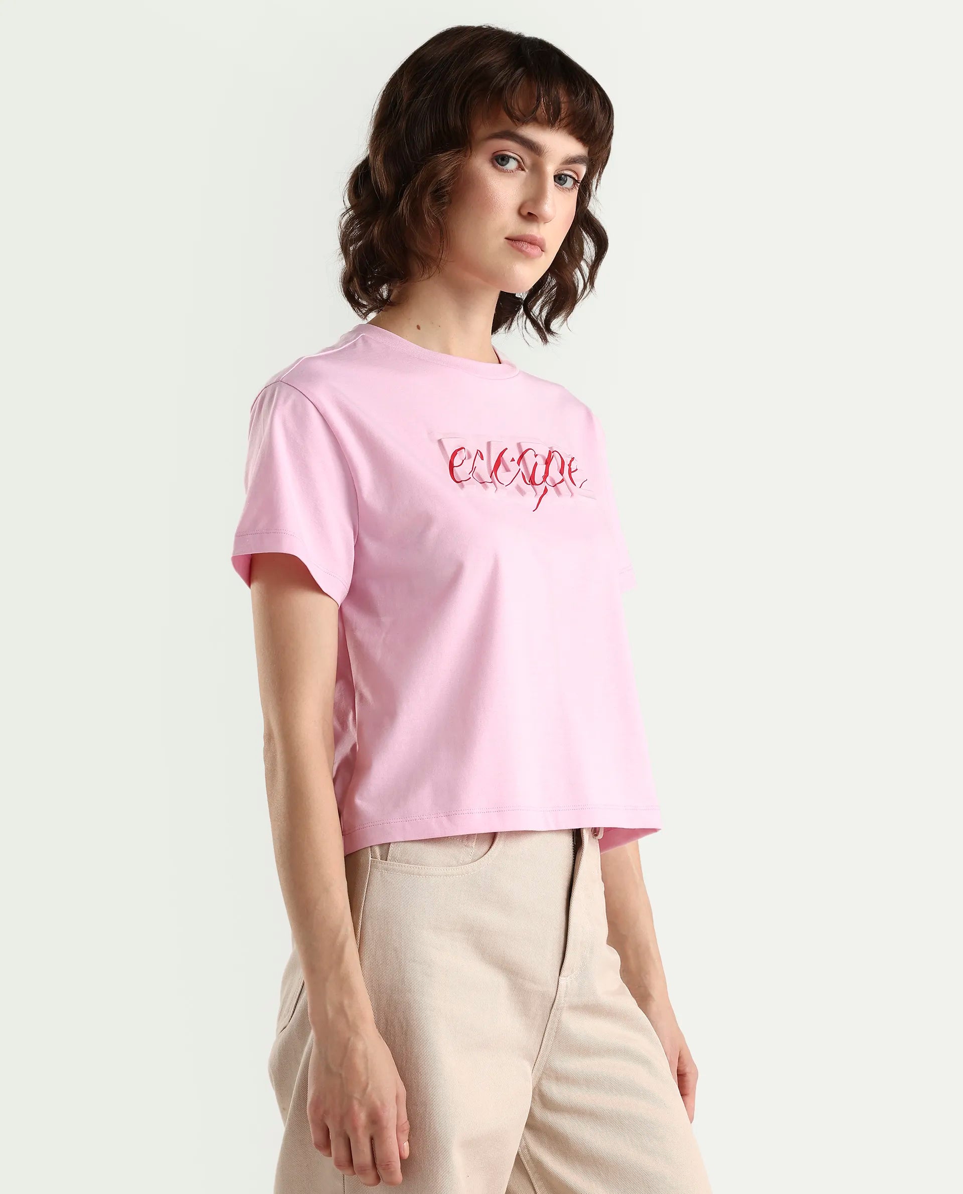 Rareism Women's Zinc Pink Cotton Blend Half Sleeve Relaxed Fit Printed T-Shirt