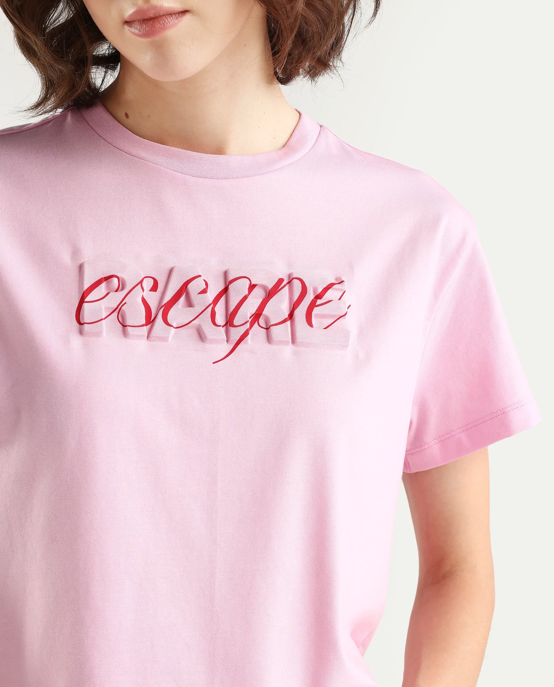 Rareism Women's Zinc Pink Cotton Blend Half Sleeve Relaxed Fit Printed T-Shirt