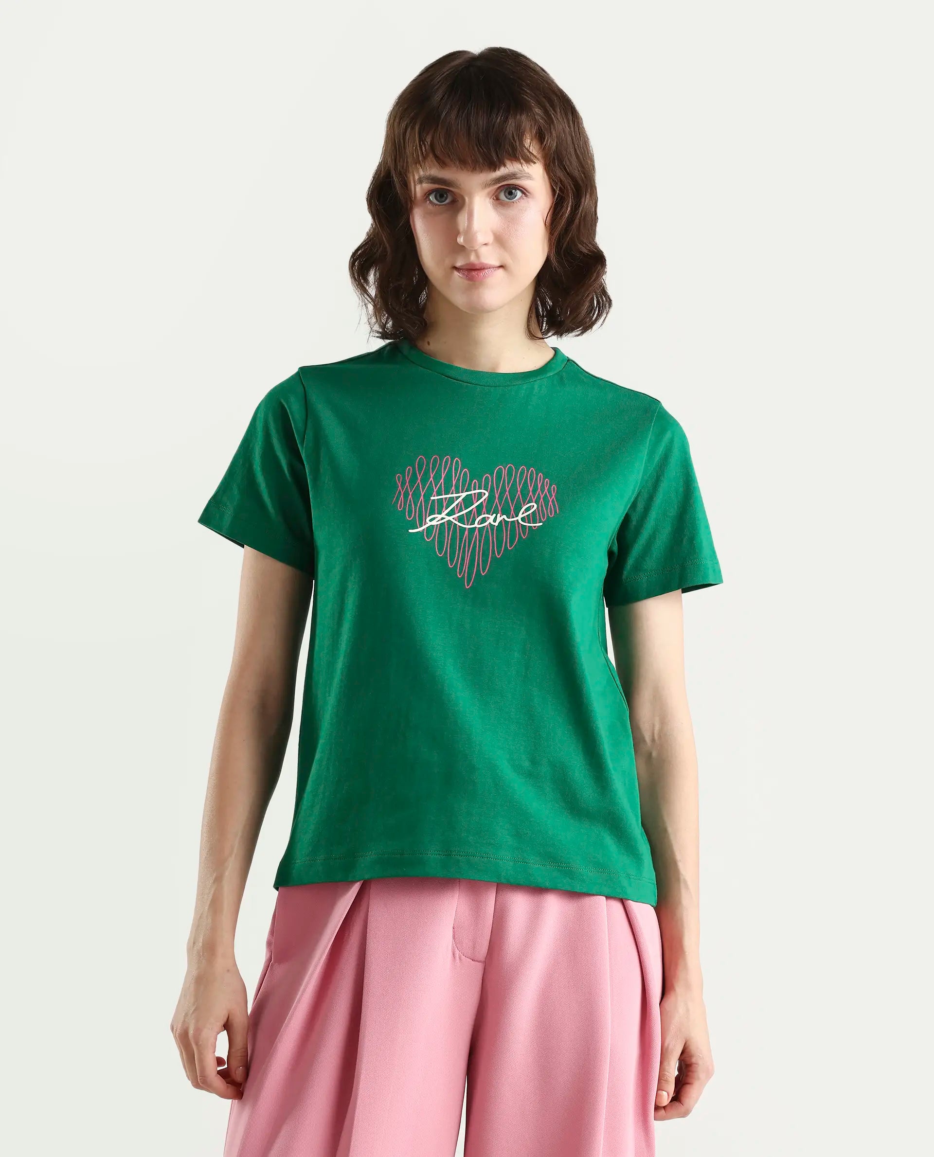 Rareism Women's Zrey Dark Green Cotton Half Sleeve Regular Fit Hd Print T-Shirt