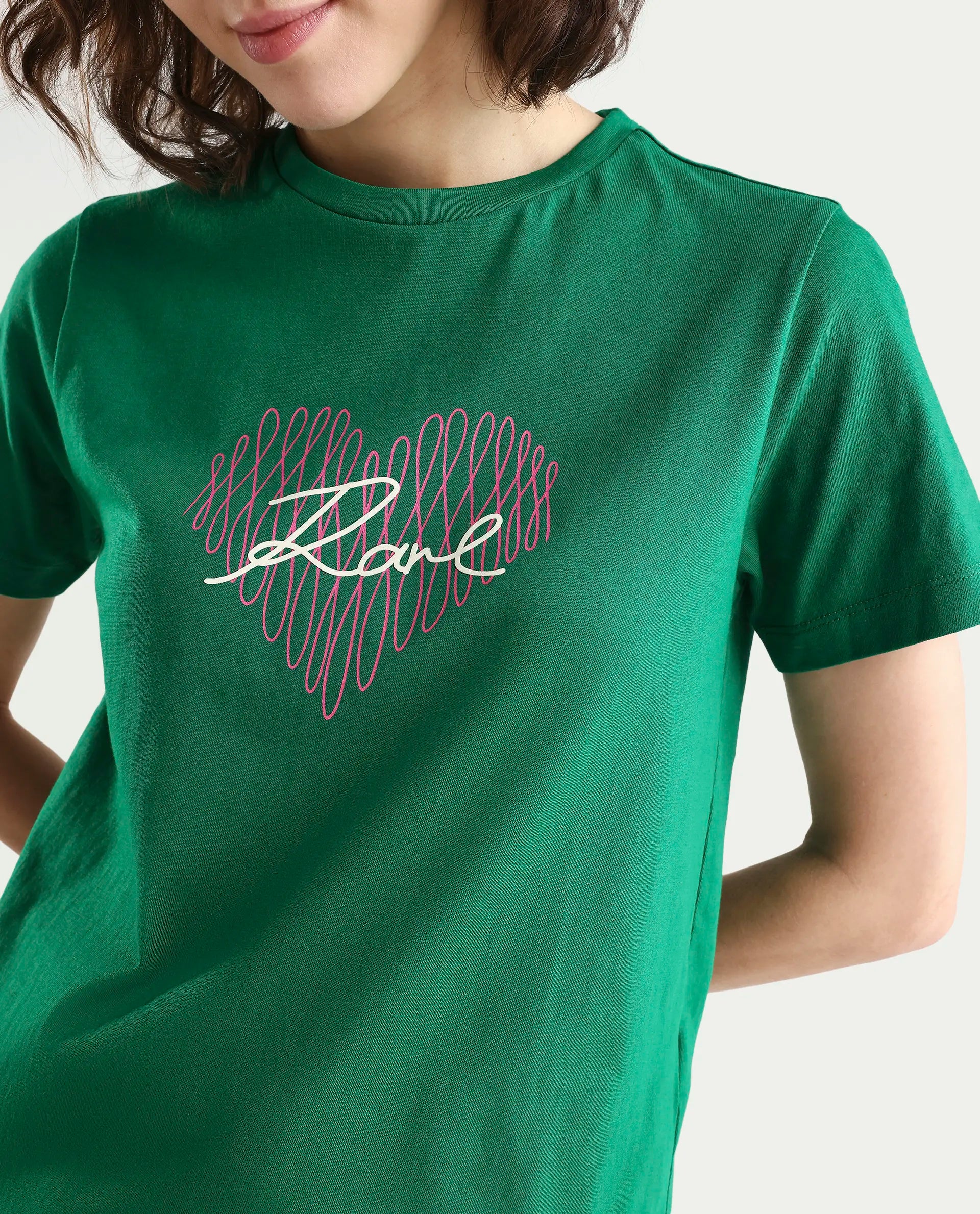 Rareism Women's Zrey Dark Green Cotton Half Sleeve Regular Fit Hd Print T-Shirt