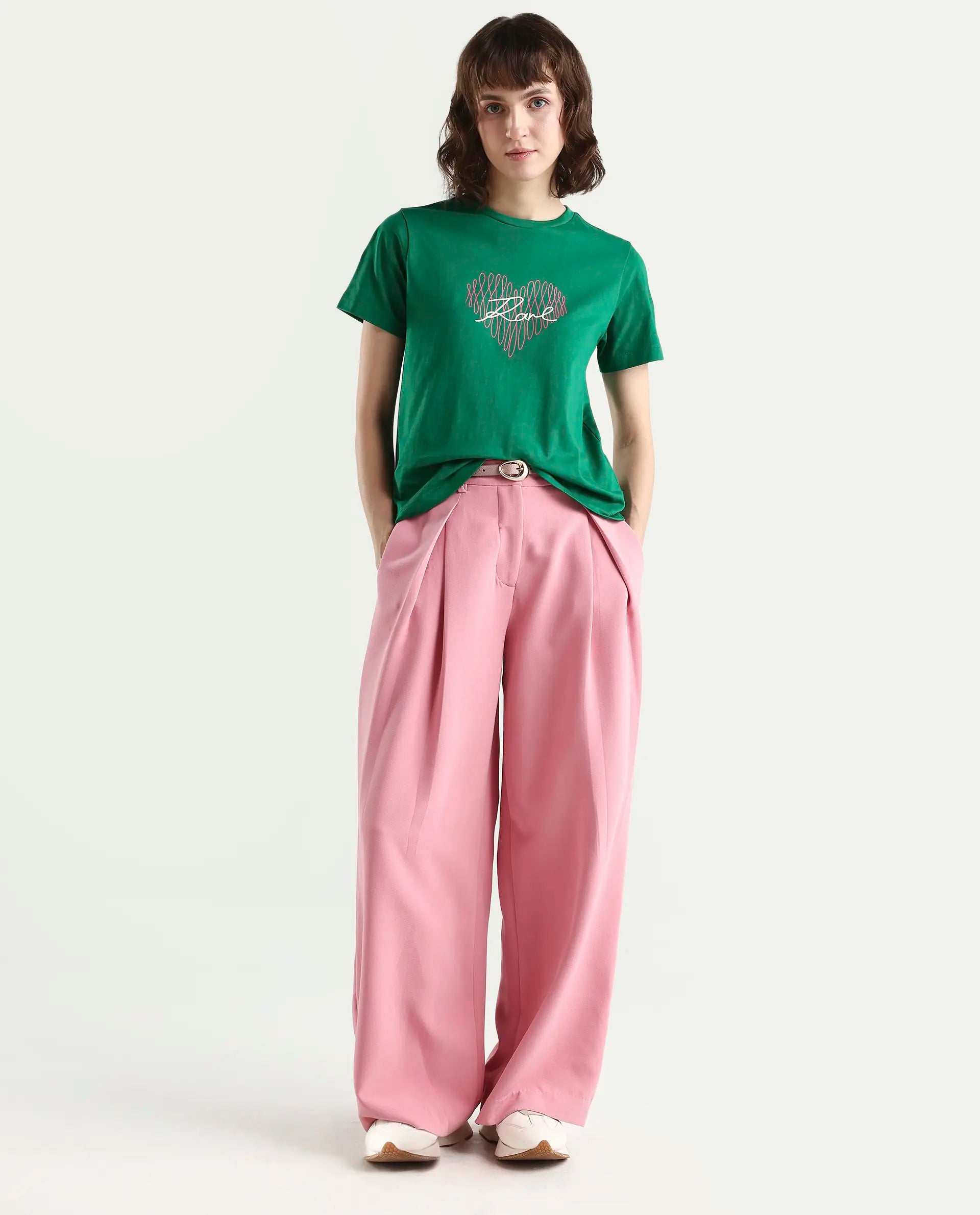 Rareism Women's Zrey Dark Green Cotton Half Sleeve Regular Fit Hd Print T-Shirt