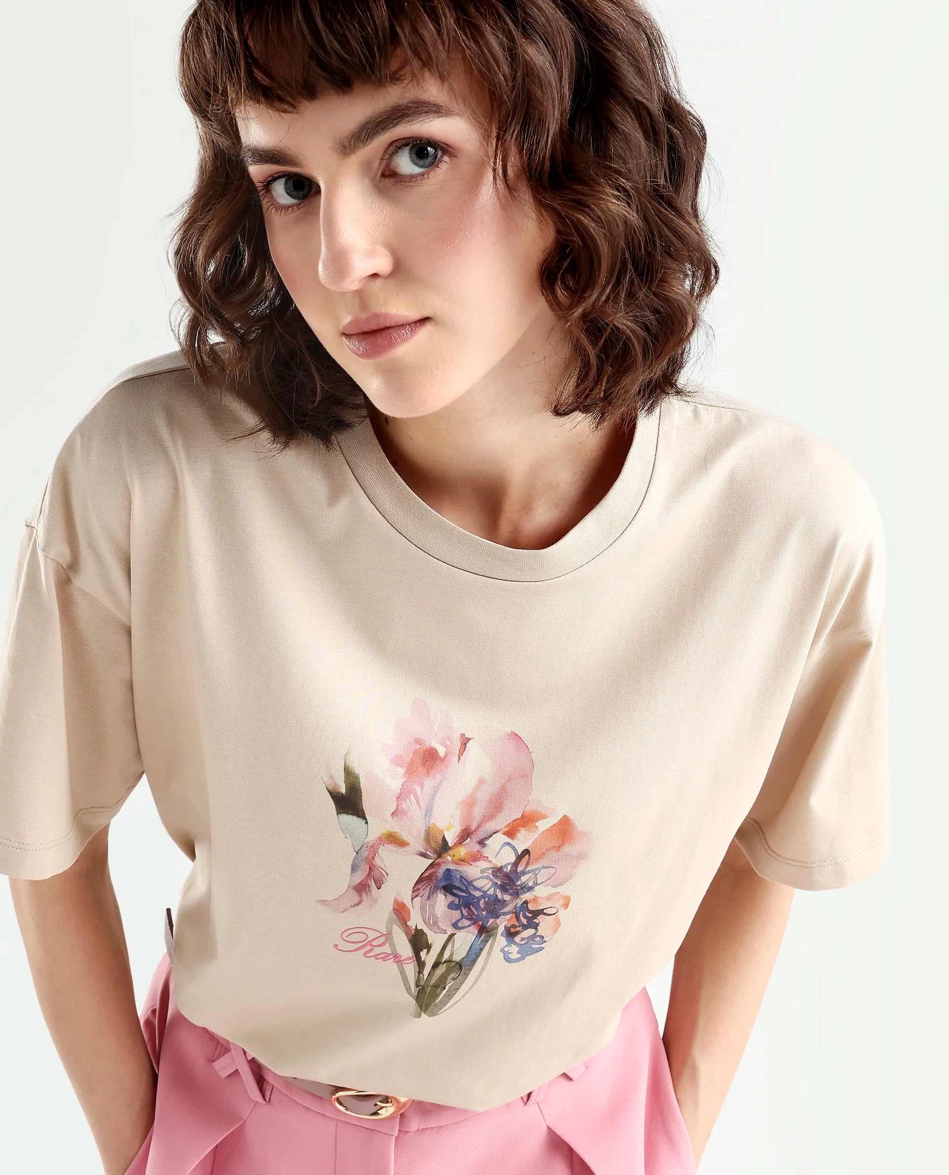 Rareism Women's Zone Beige Cotton Blend Half Sleeve Boxy Floral Print T-Shirt