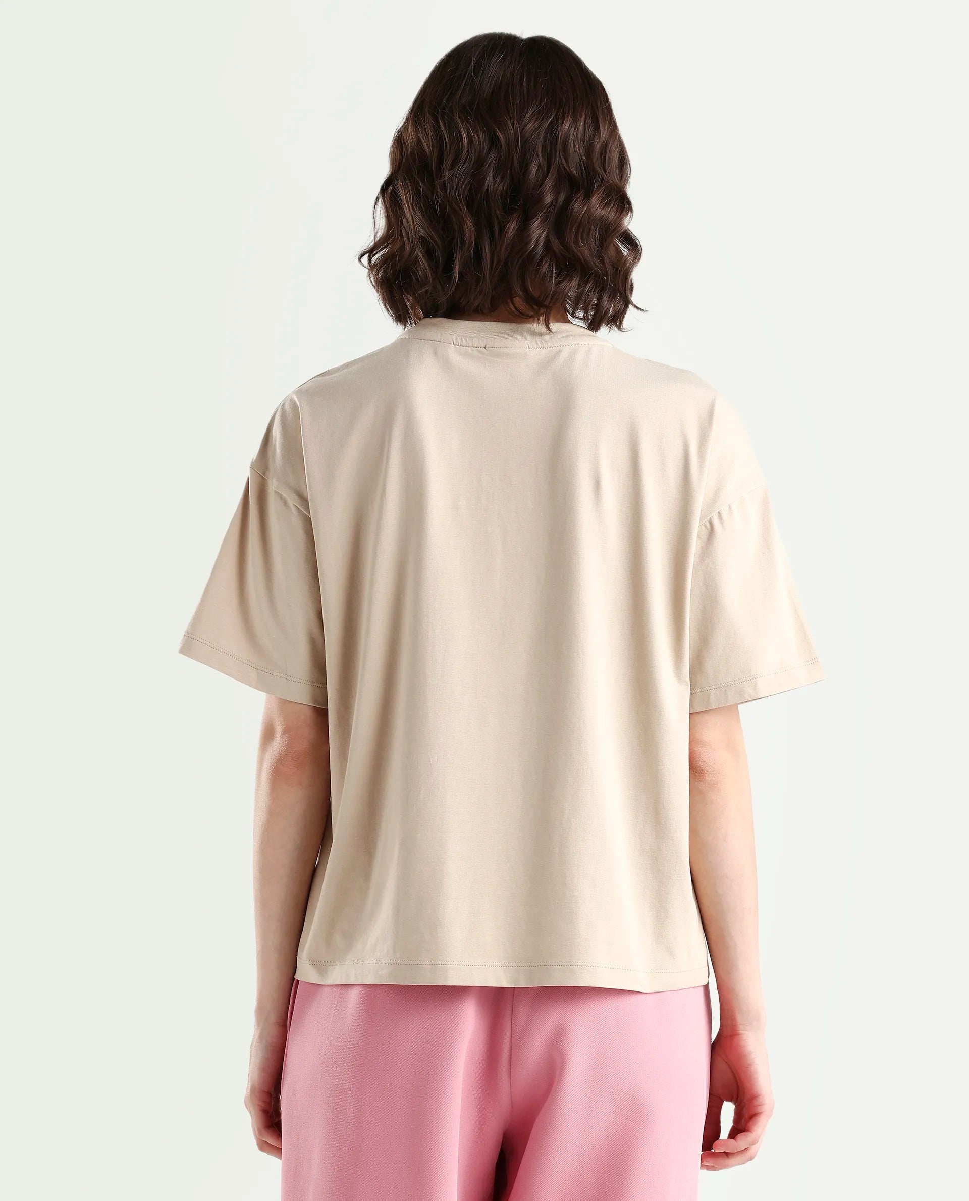 Rareism Women's Zone Beige Cotton Blend Half Sleeve Boxy Floral Print T-Shirt