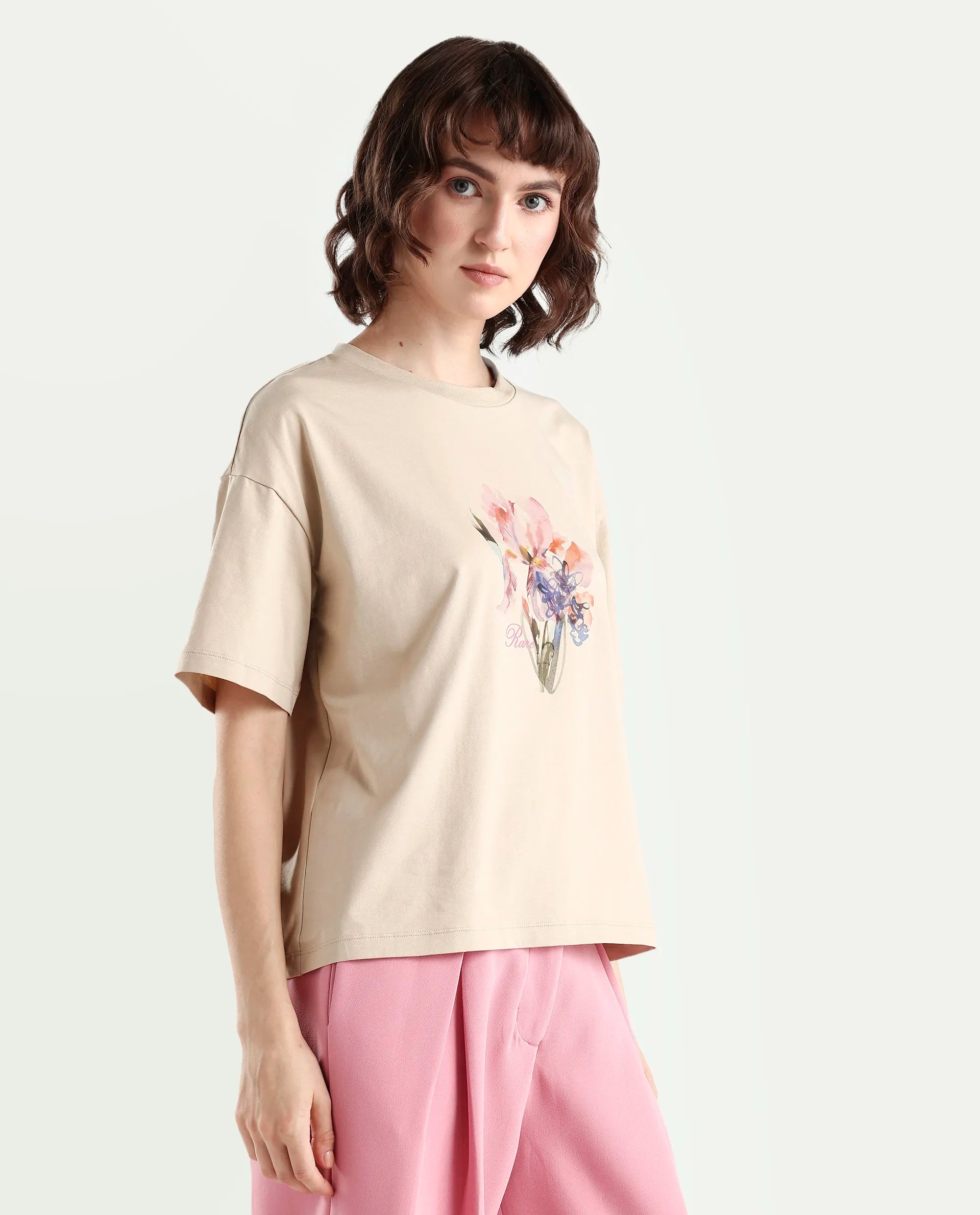 Rareism Women's Zone Beige Cotton Blend Half Sleeve Boxy Floral Print T-Shirt