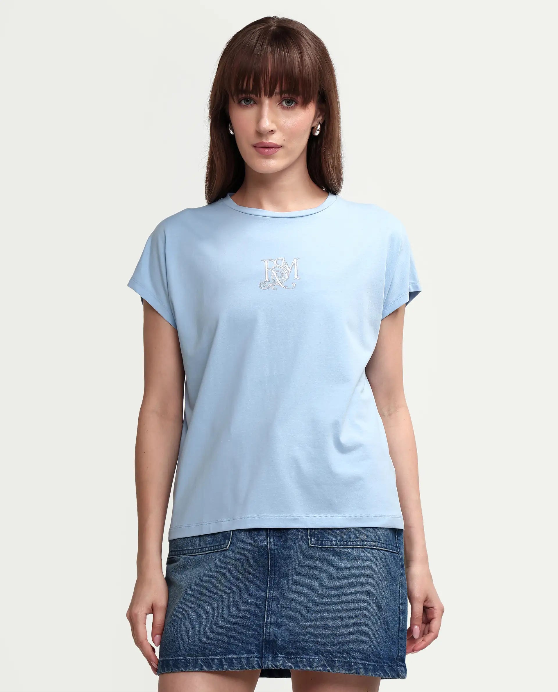 Rareism Women's Zour Light Blue Cotton Blend Half Sleeve Relaxed Fit Typography Print T-Shirt