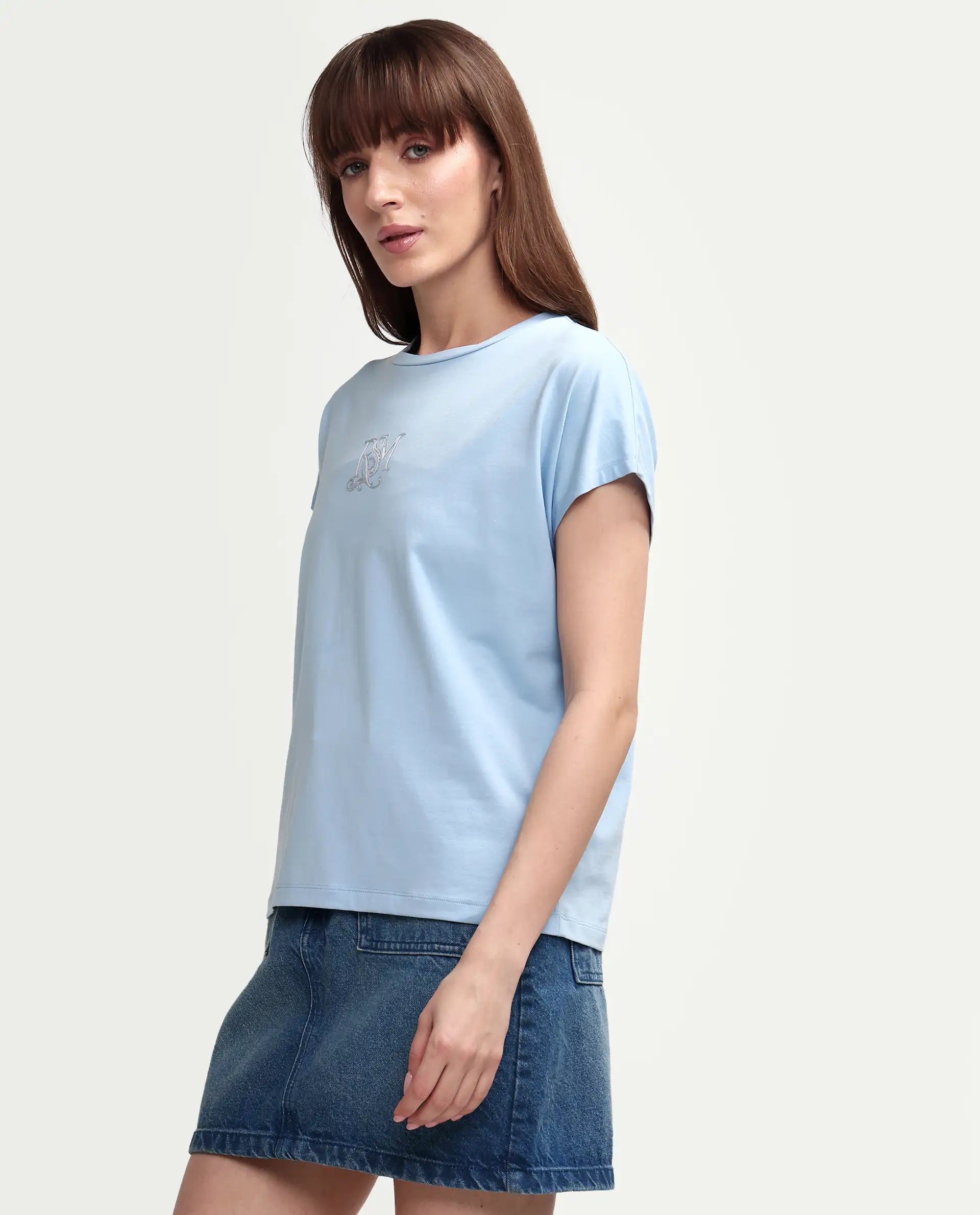 Rareism Women's Zour Light Blue Cotton Blend Half Sleeve Relaxed Fit Typography Print T-Shirt