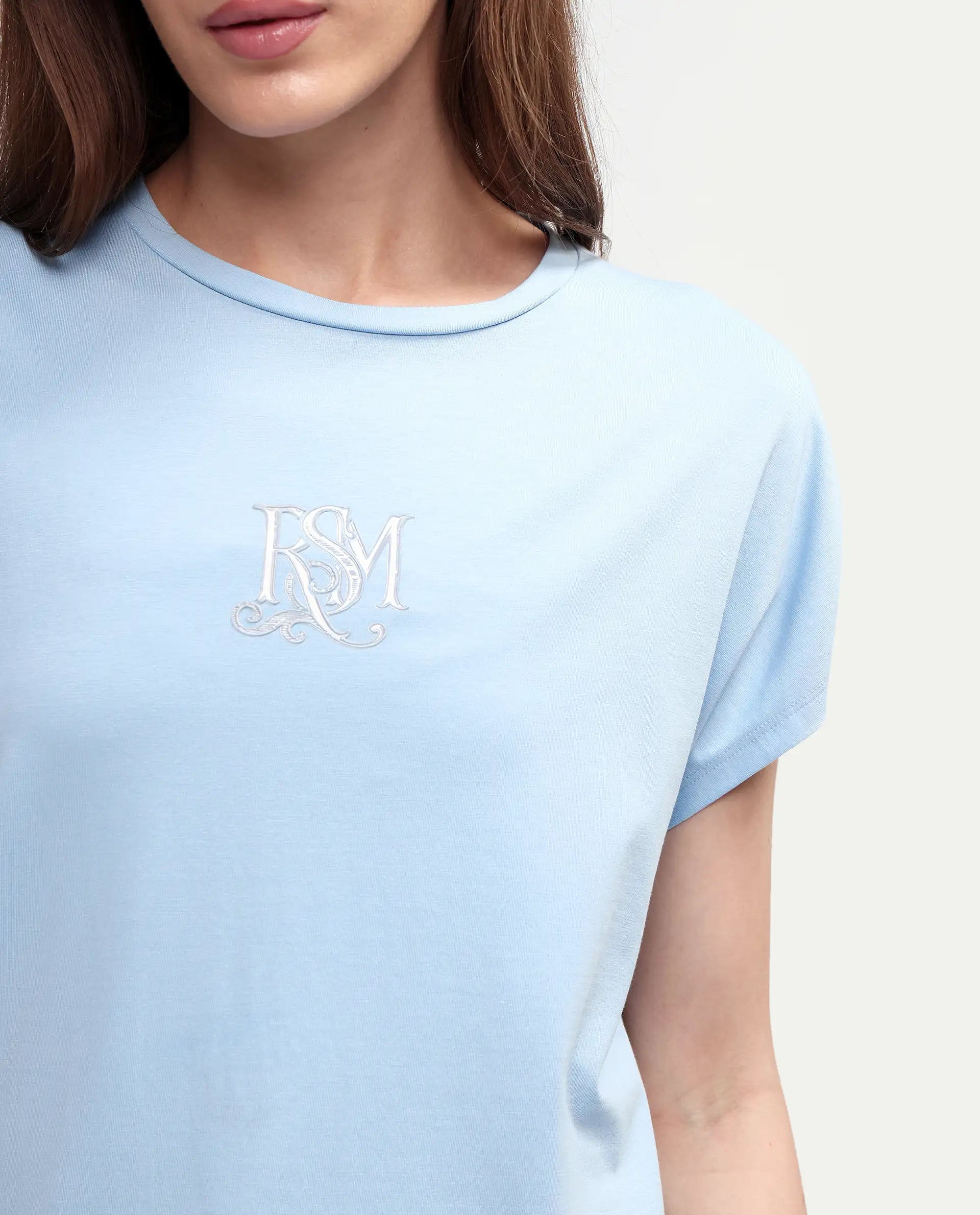 Rareism Women's Zour Light Blue Cotton Blend Half Sleeve Relaxed Fit Typography Print T-Shirt