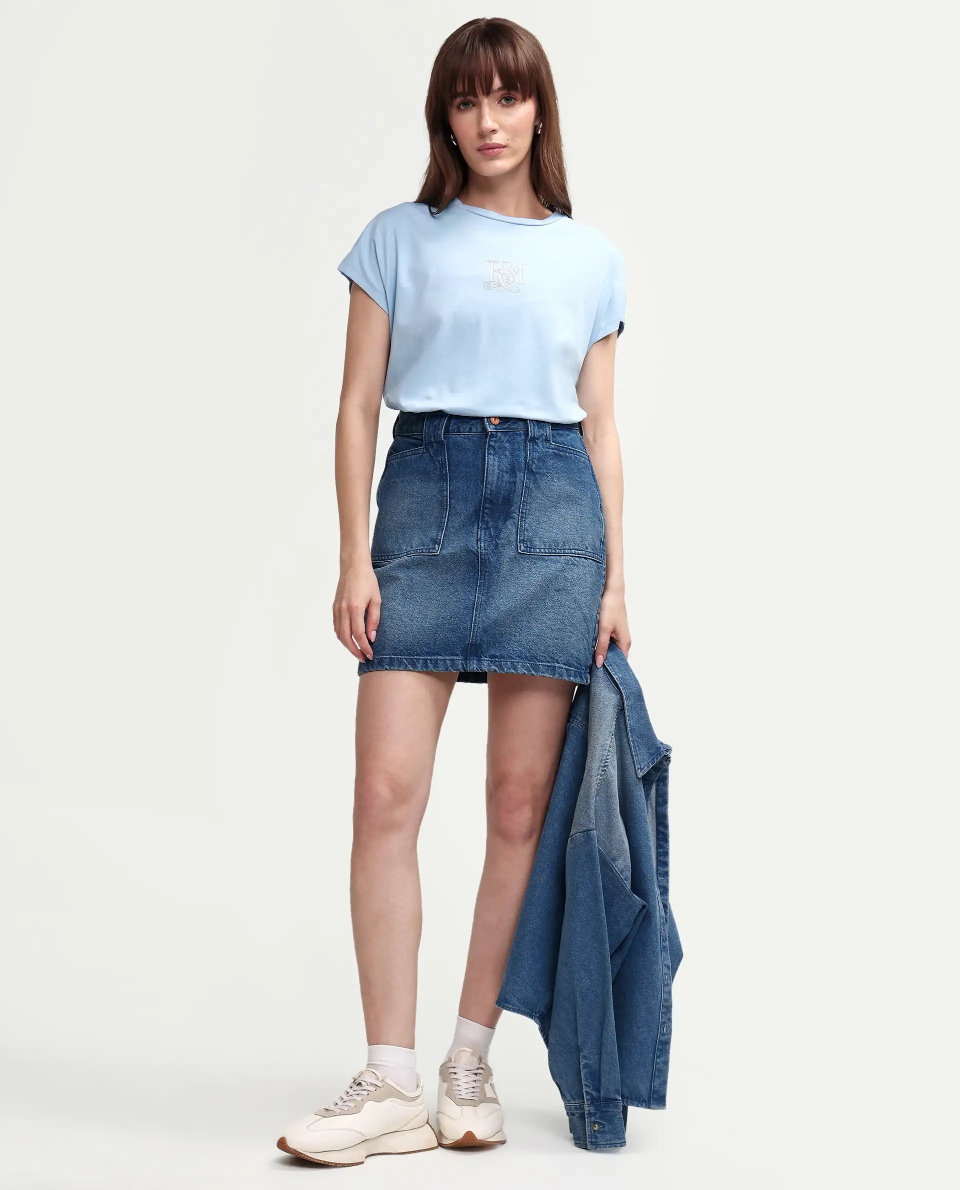 Rareism Women's Zour Light Blue Cotton Blend Half Sleeve Relaxed Fit Typography Print T-Shirt