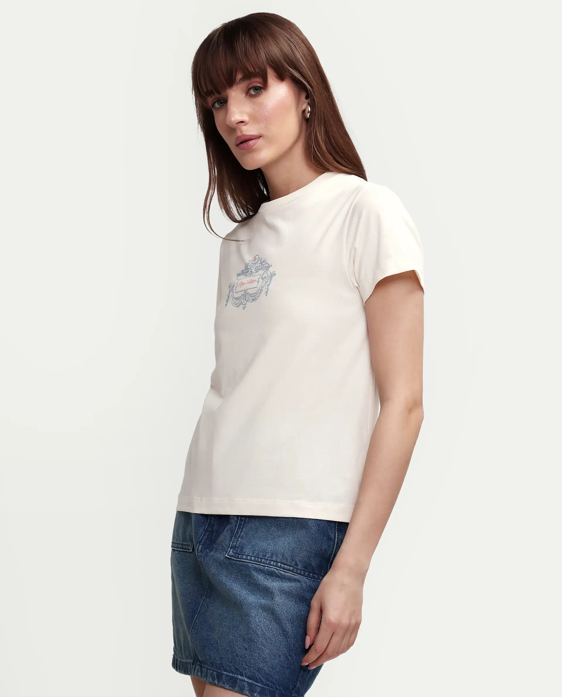 Rareism Women's Zive Off White Cotton Blend Half Sleeve Regular Fit Pigment Print T-Shirt