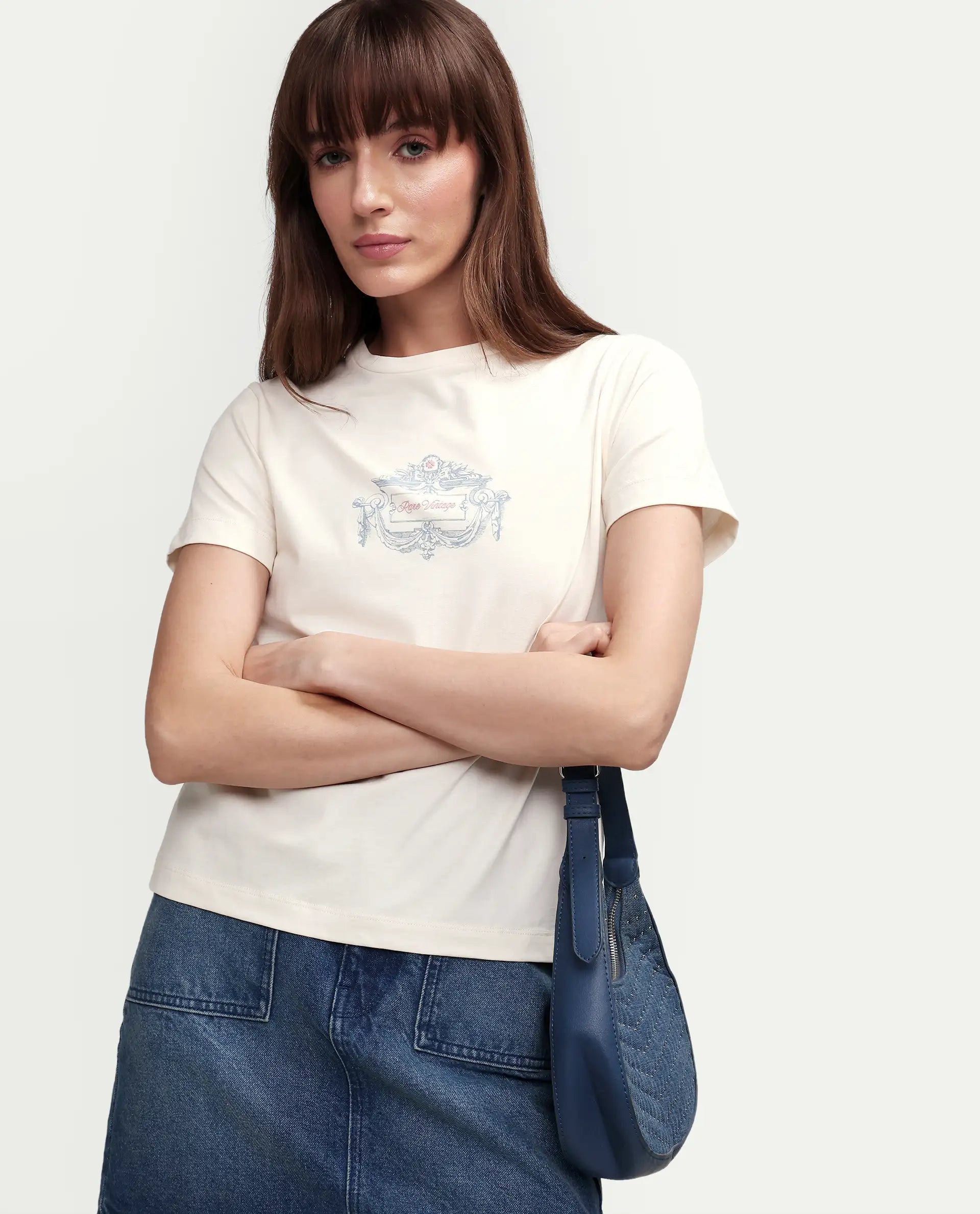 Rareism Women's Zive Off White Cotton Blend Half Sleeve Regular Fit Pigment Print T-Shirt