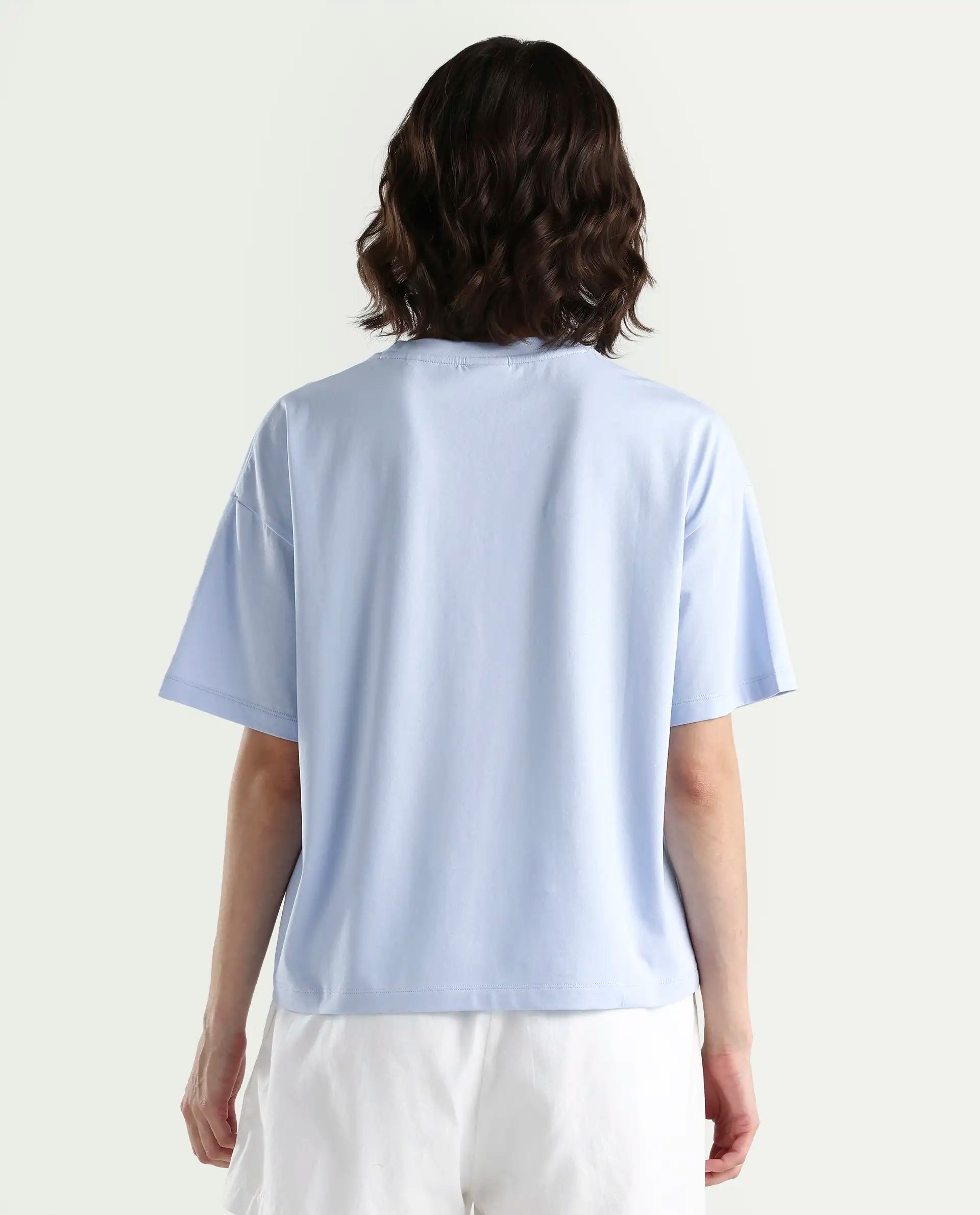 Rareism Women's Zinay Pastel Blue Cotton Blend Half Sleeve Boxy Plain T-Shirt