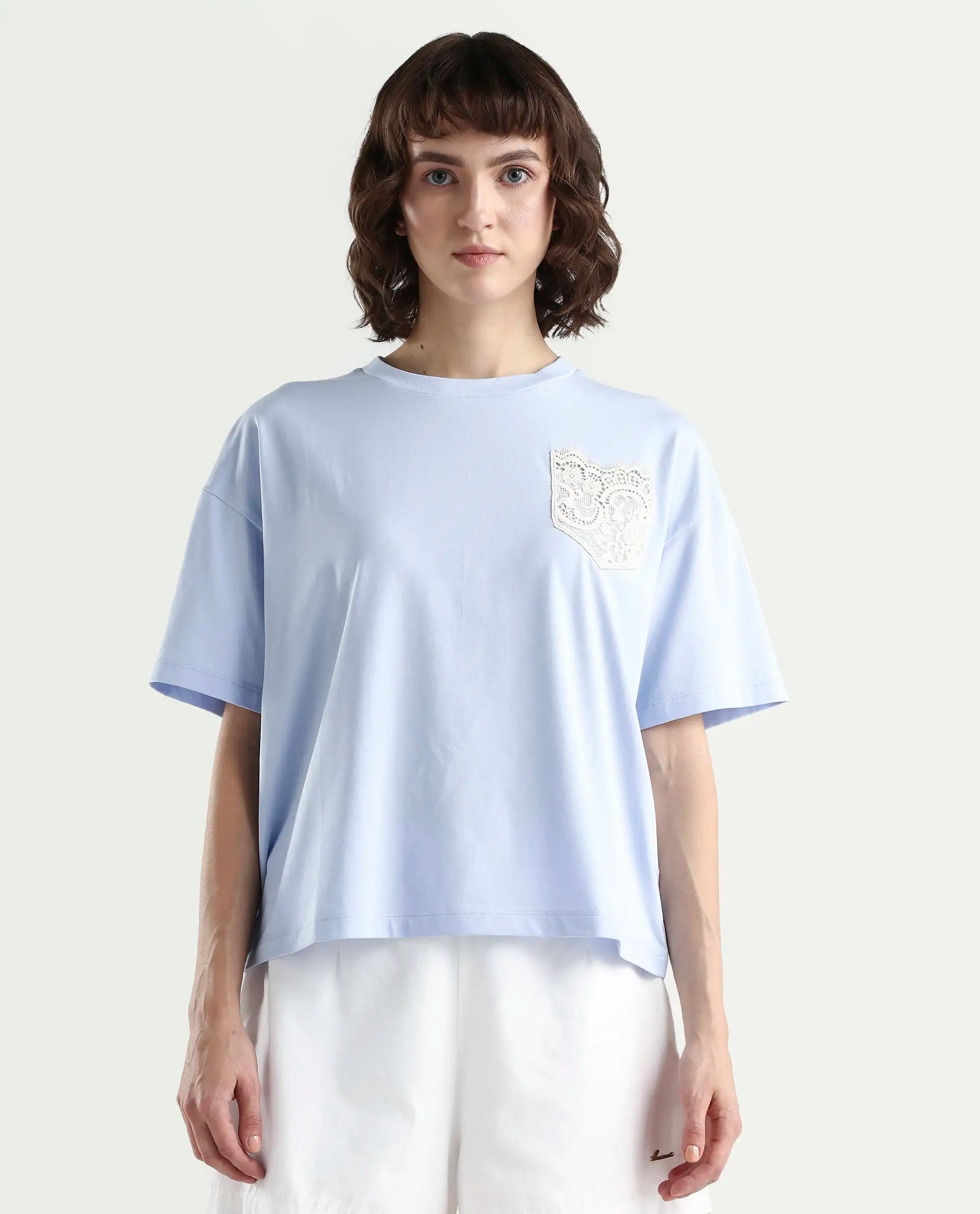 Rareism Women's Zinay Pastel Blue Cotton Blend Half Sleeve Boxy Plain T-Shirt