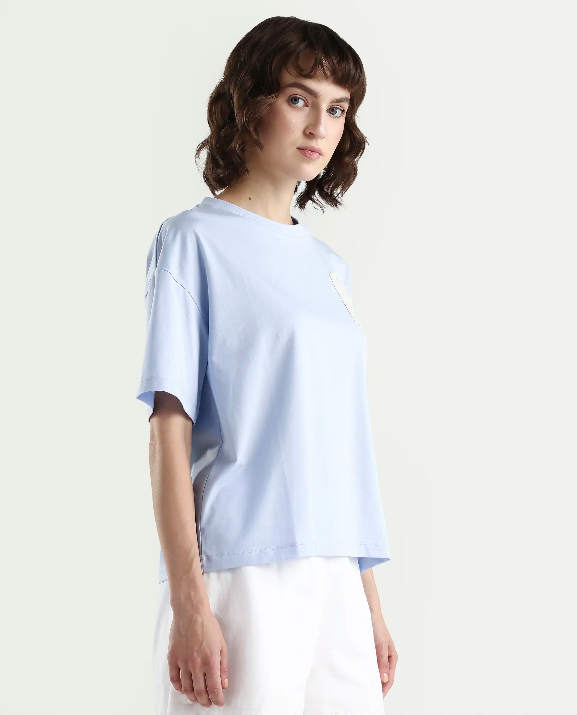 Rareism Women's Zinay Pastel Blue Cotton Blend Half Sleeve Boxy Plain T-Shirt