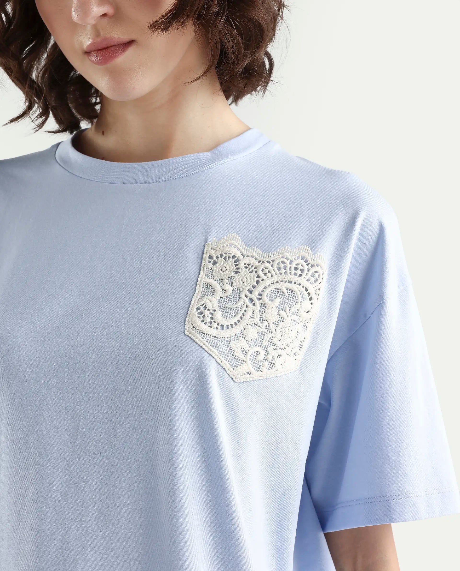 Rareism Women's Zinay Pastel Blue Cotton Blend Half Sleeve Boxy Plain T-Shirt