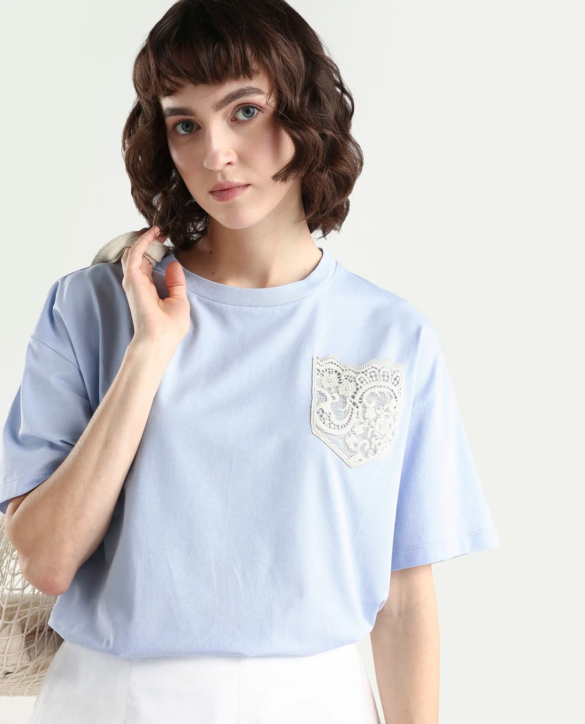 Rareism Women's Zinay Pastel Blue Cotton Blend Half Sleeve Boxy Plain T-Shirt