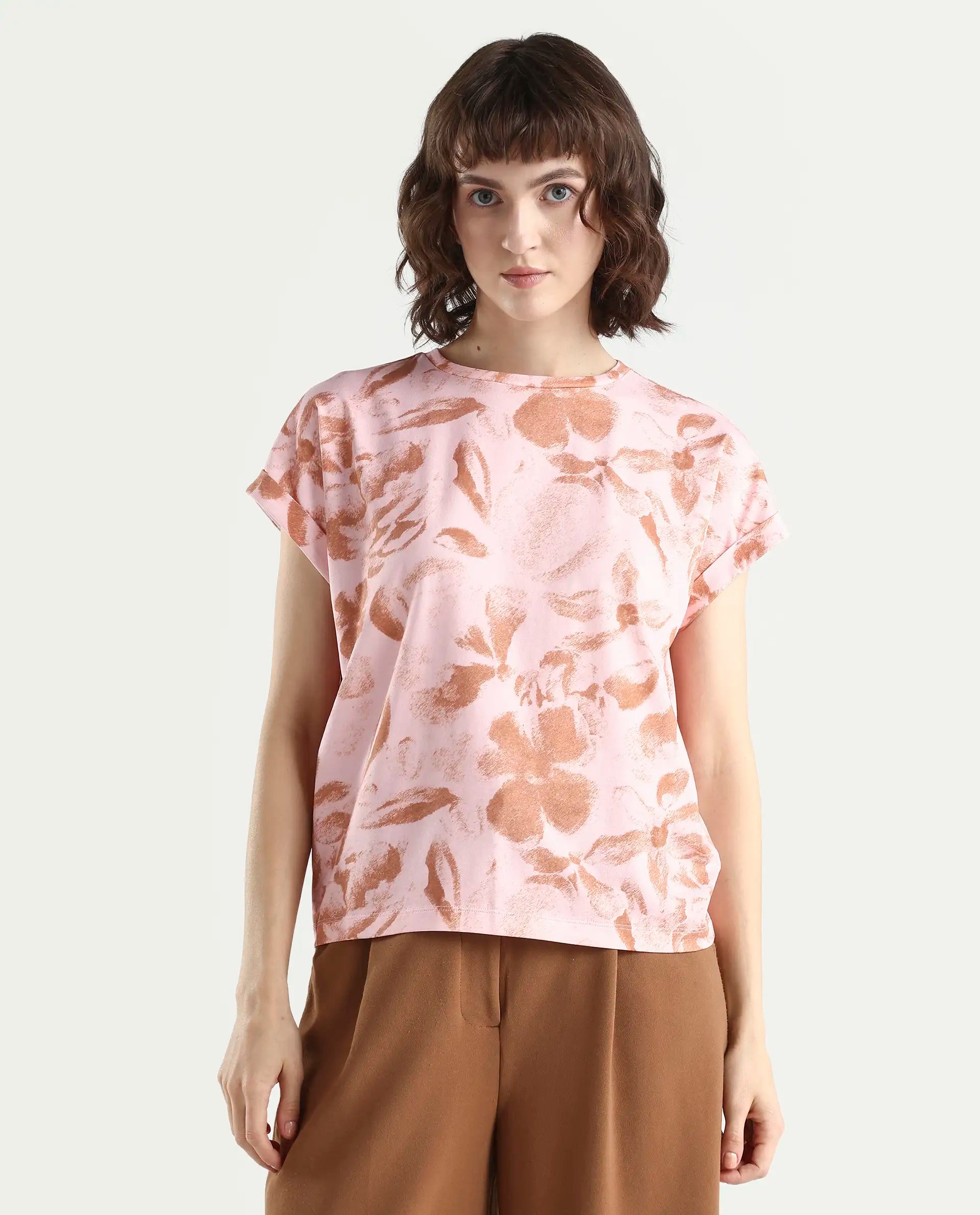 Rareism Women's Zine Light Multi Cotton Blend Half Sleeve Relaxed Fit Printed T-Shirt