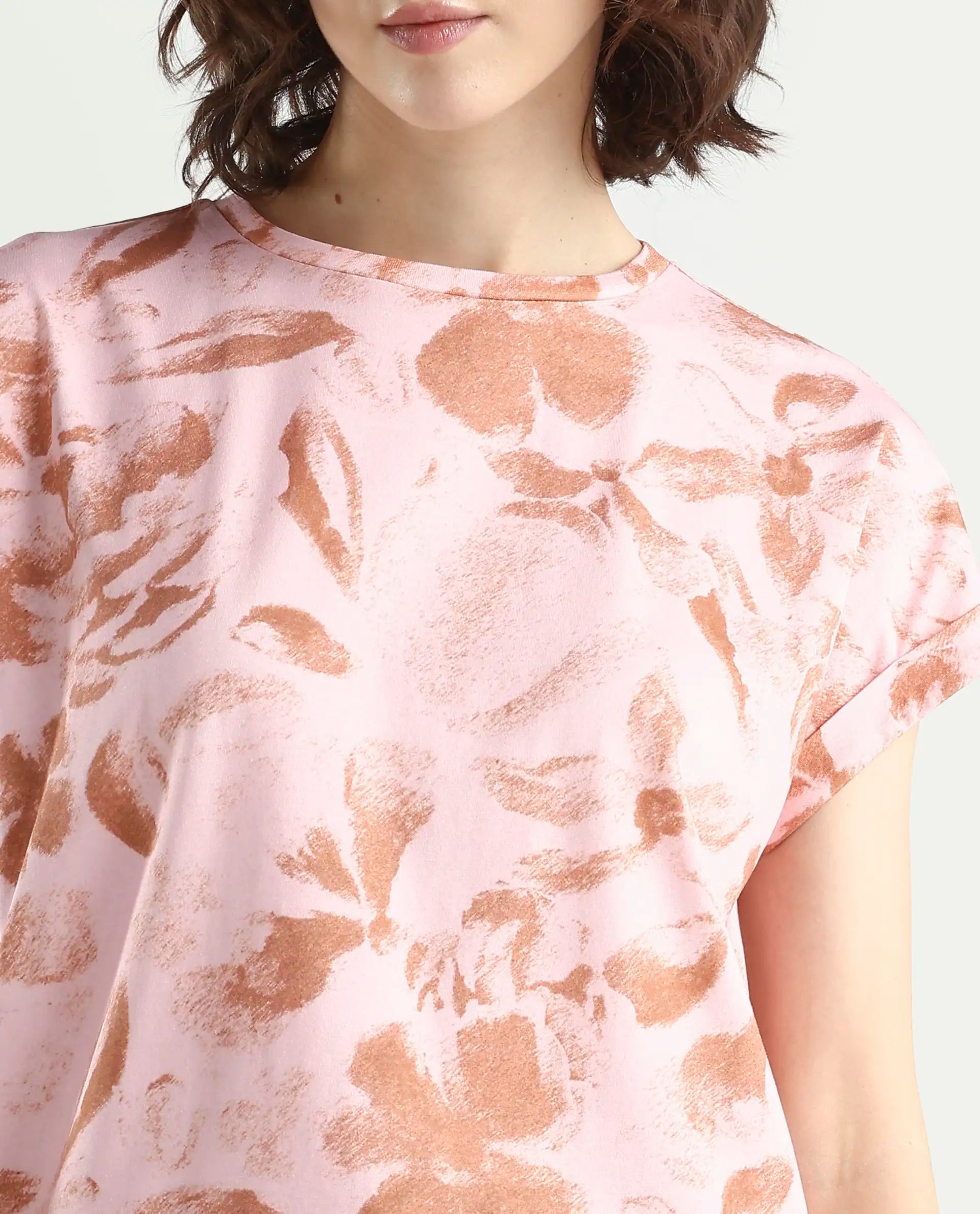 Rareism Women's Zine Light Multi Cotton Blend Half Sleeve Relaxed Fit Printed T-Shirt