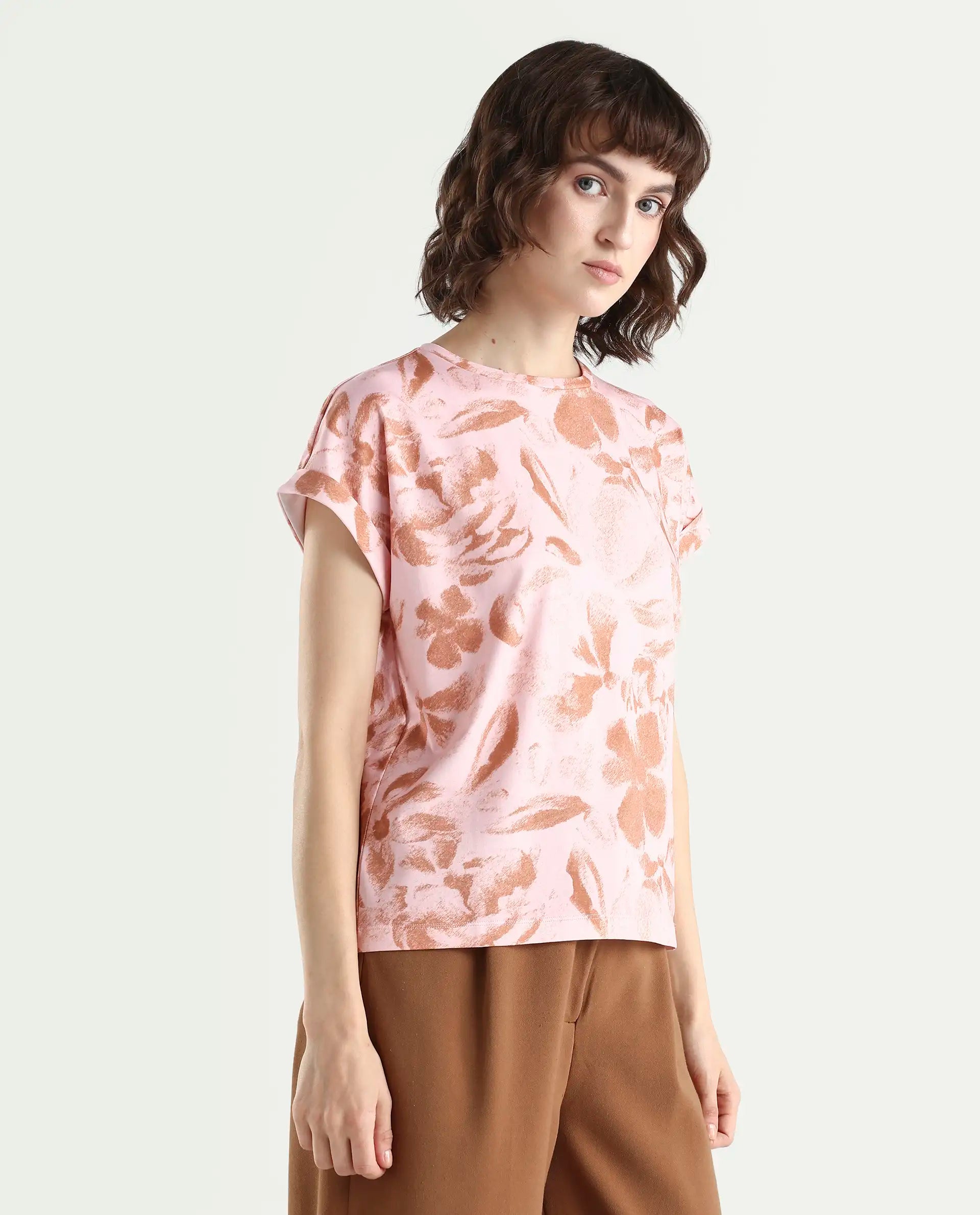 Rareism Women's Zine Light Multi Cotton Blend Half Sleeve Relaxed Fit Printed T-Shirt