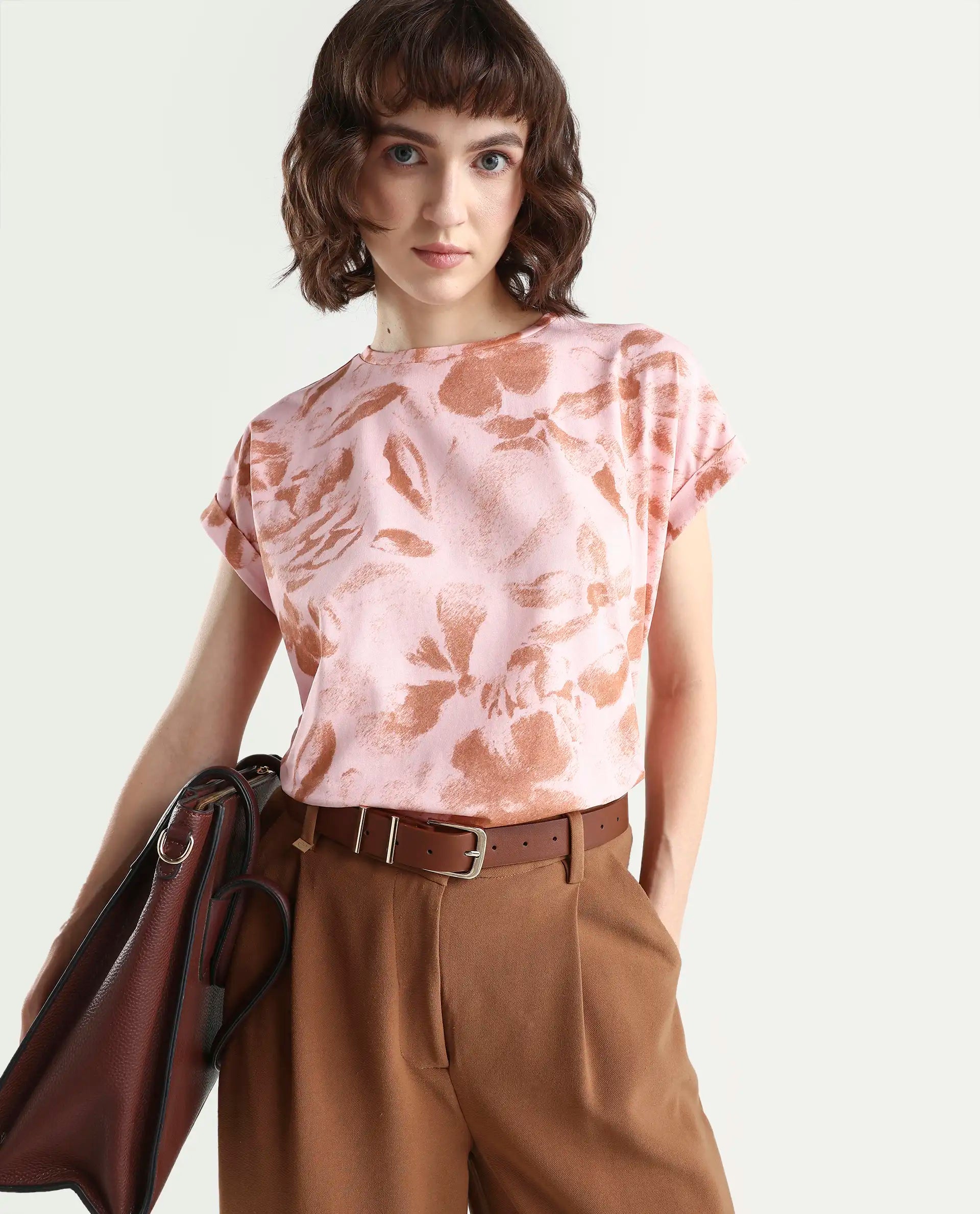 Rareism Women's Zine Light Multi Cotton Blend Half Sleeve Relaxed Fit Printed T-Shirt