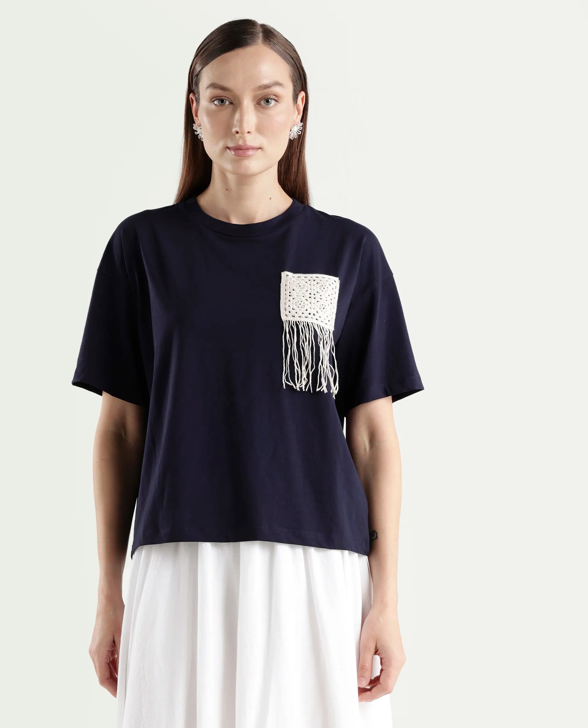 Rareism Women's Zadil Navy Cotton Blend Half Sleeve Boxy Plain T-Shirt