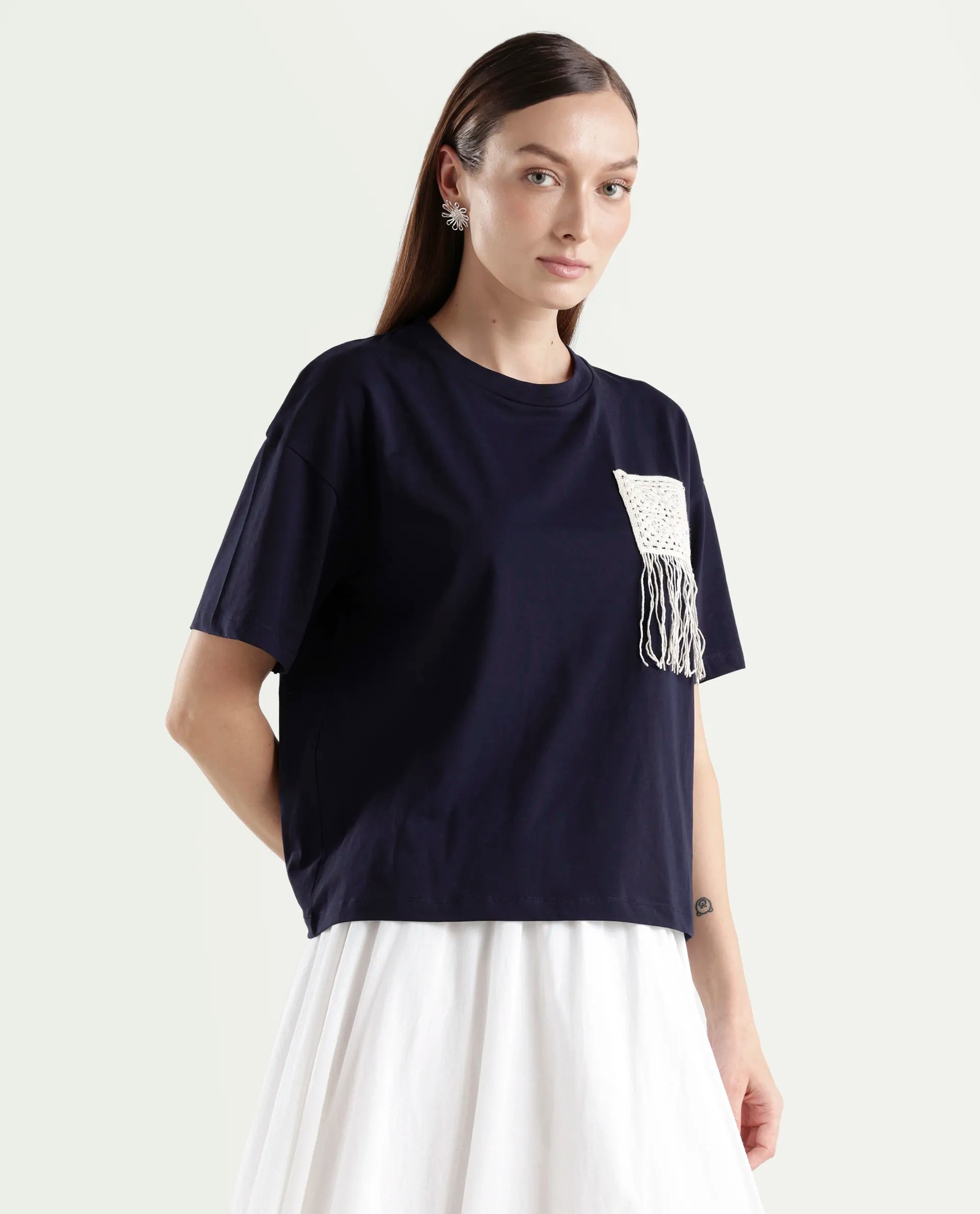 Rareism Women's Zadil Navy Cotton Blend Half Sleeve Boxy Plain T-Shirt