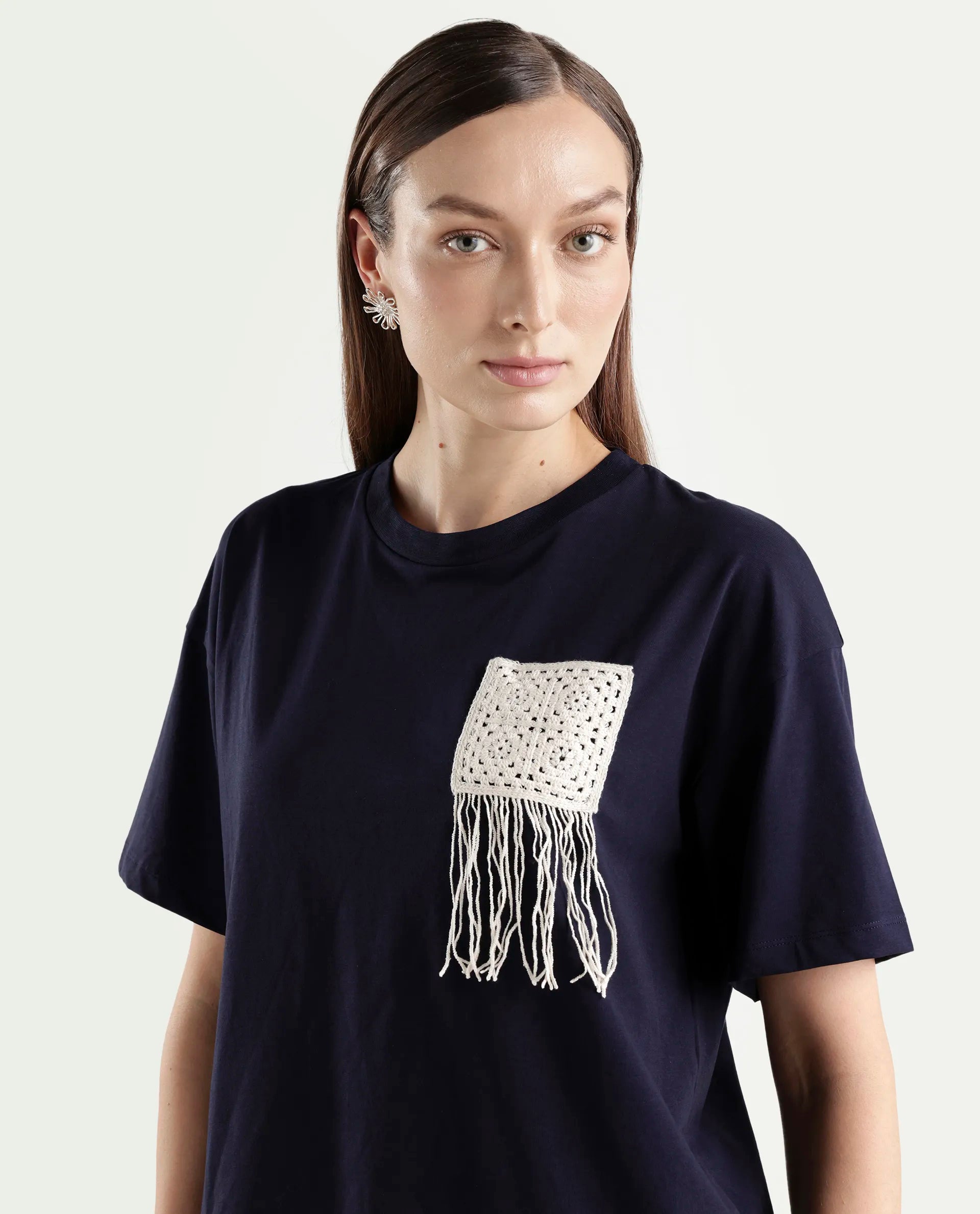 Rareism Women's Zadil Navy Cotton Blend Half Sleeve Boxy Plain T-Shirt