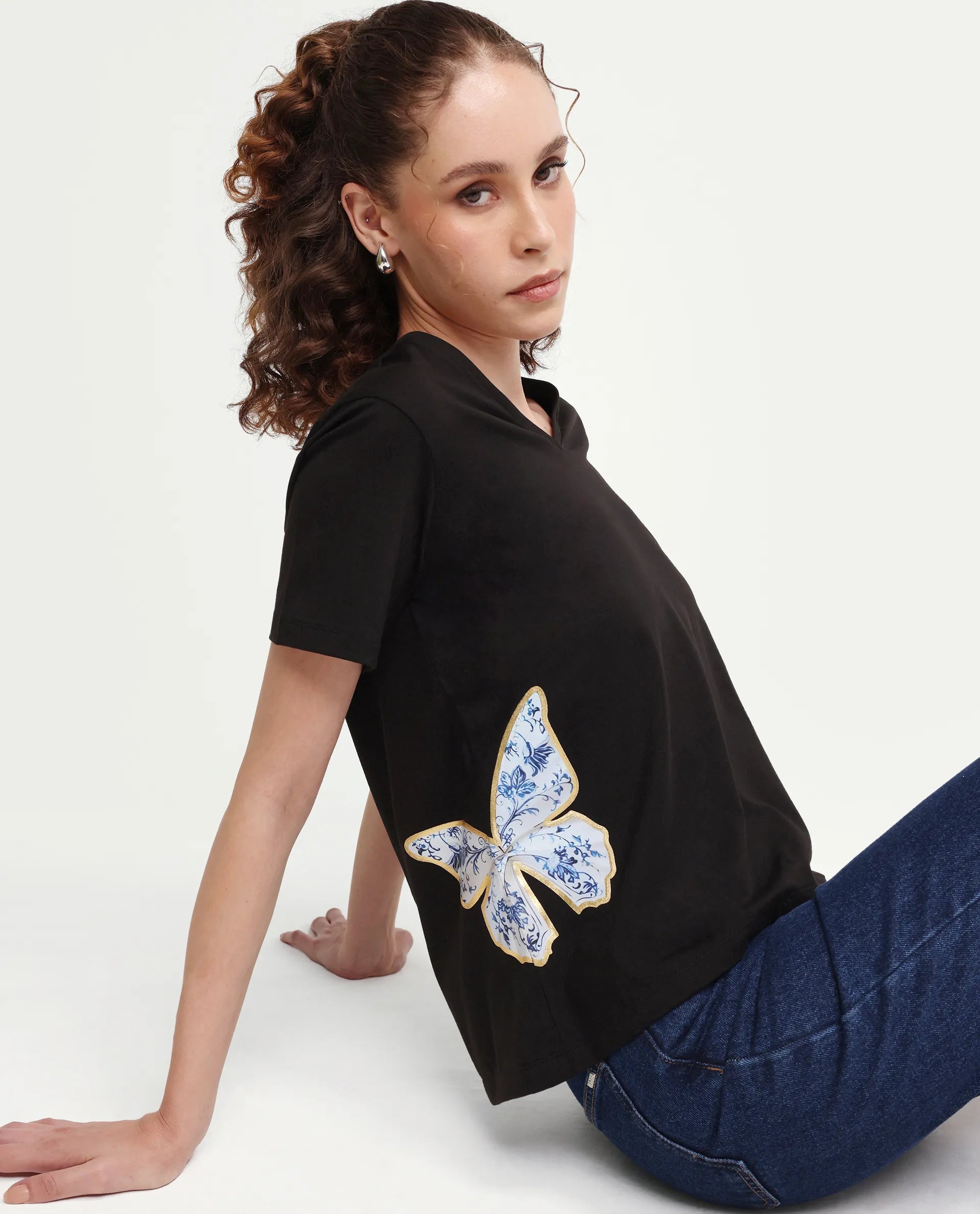 Rareism Women's Zyler Black Cotton Blend Half Sleeve Relaxed Fit Embroidery T-Shirt