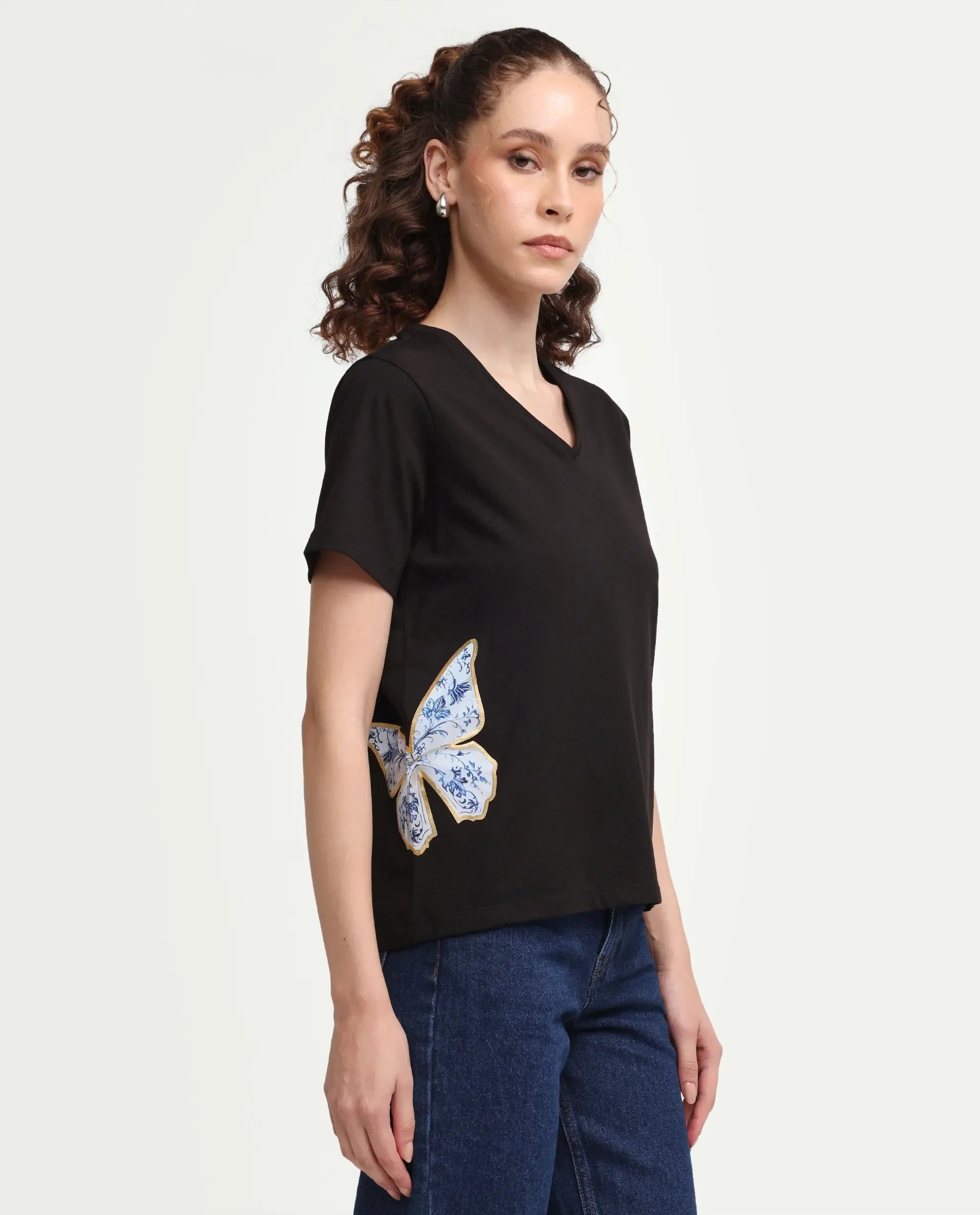 Rareism Women's Zyler Black Cotton Blend Half Sleeve Relaxed Fit Embroidery T-Shirt