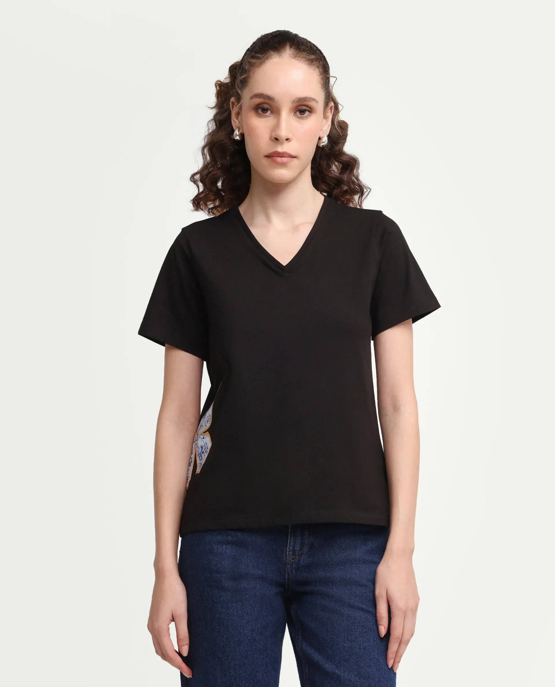 Rareism Women's Zyler Black Cotton Blend Half Sleeve Relaxed Fit Embroidery T-Shirt