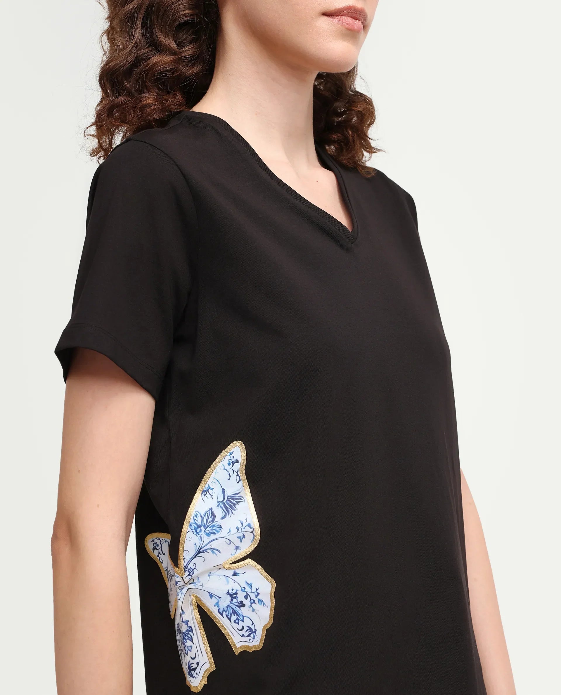 Rareism Women's Zyler Black Cotton Blend Half Sleeve Relaxed Fit Embroidery T-Shirt