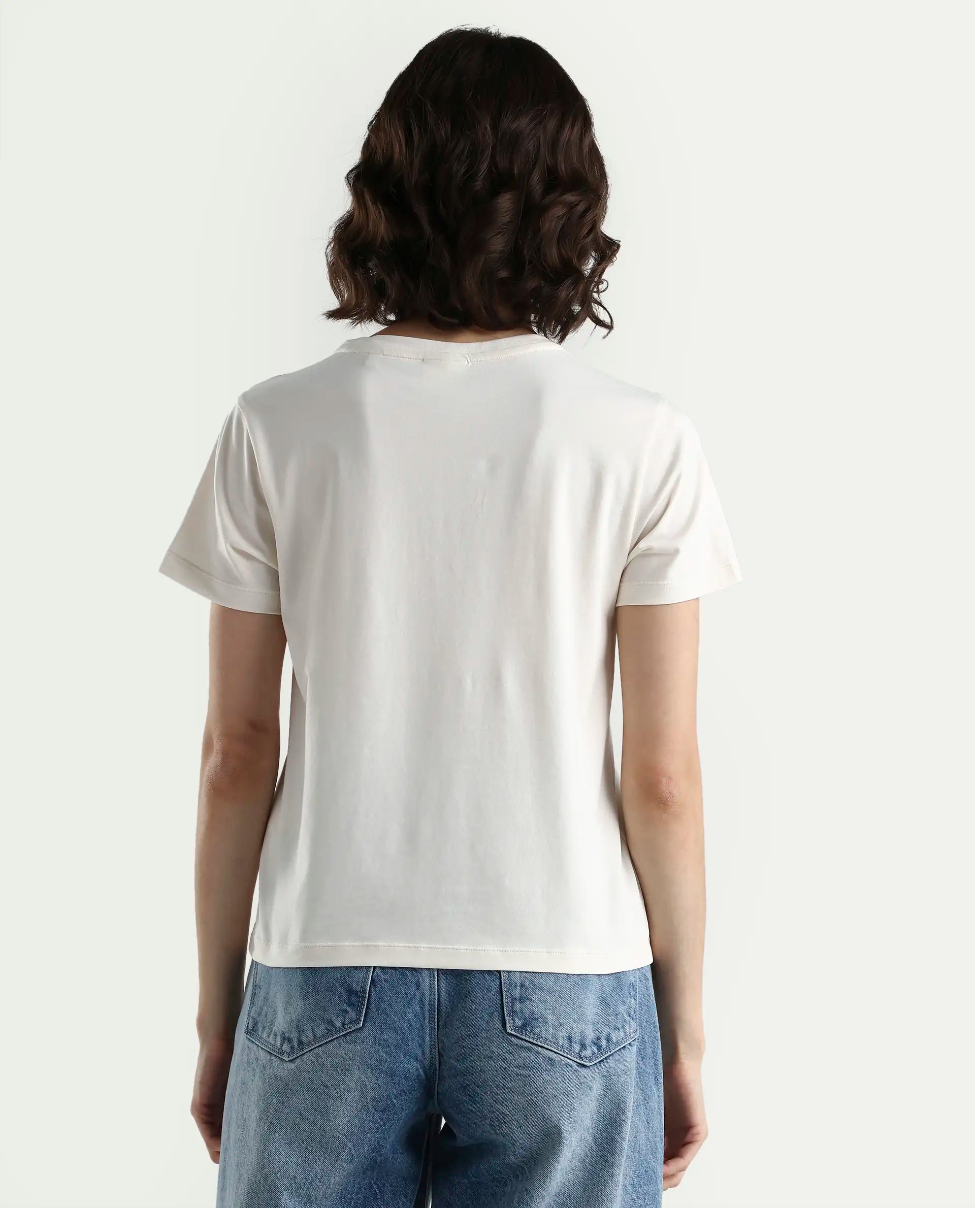 Rareism Women's Zen Off White Cotton Blend Half Sleeve Regular Fit Printed T-Shirt