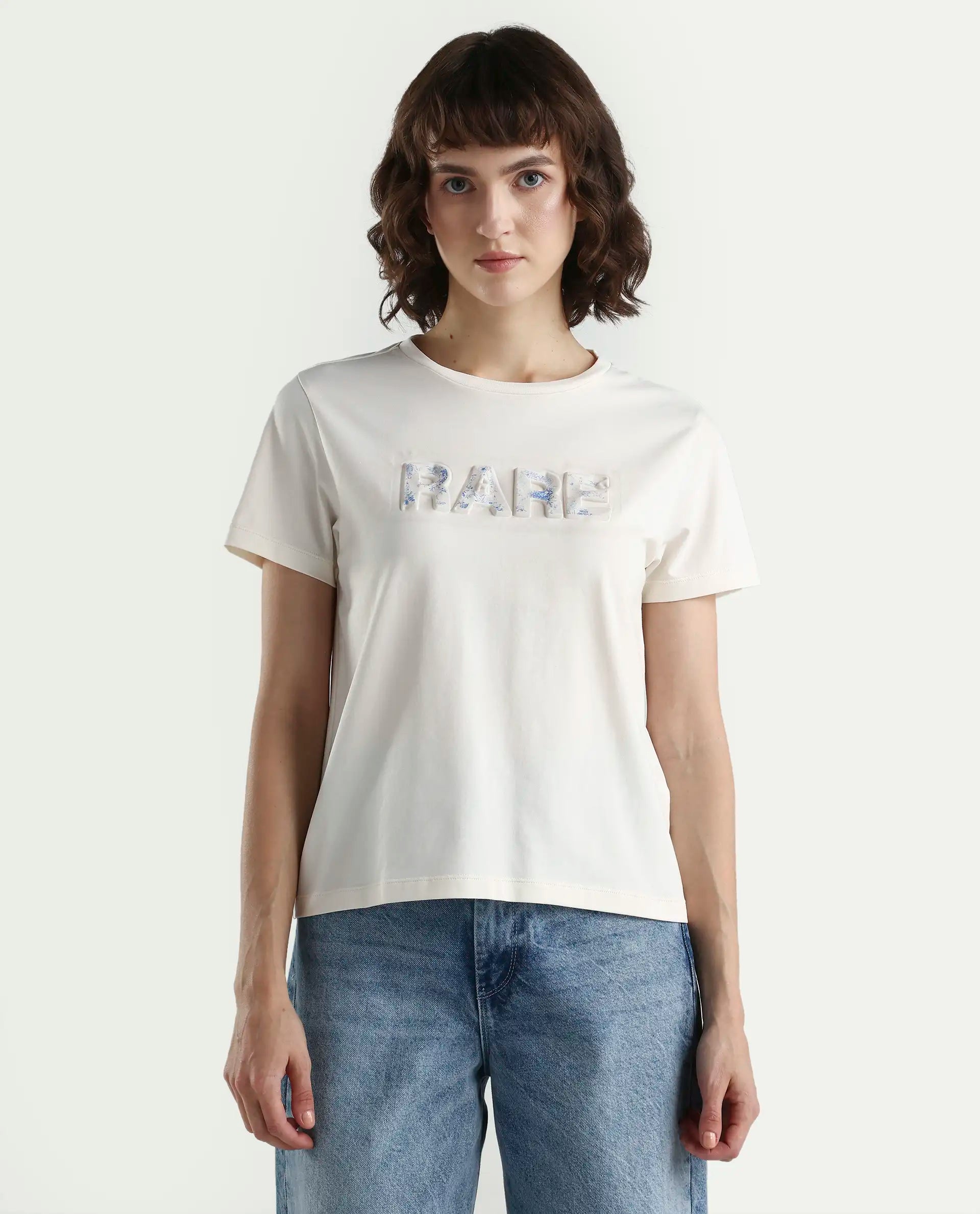Rareism Women's Zen Off White Cotton Blend Half Sleeve Regular Fit Printed T-Shirt
