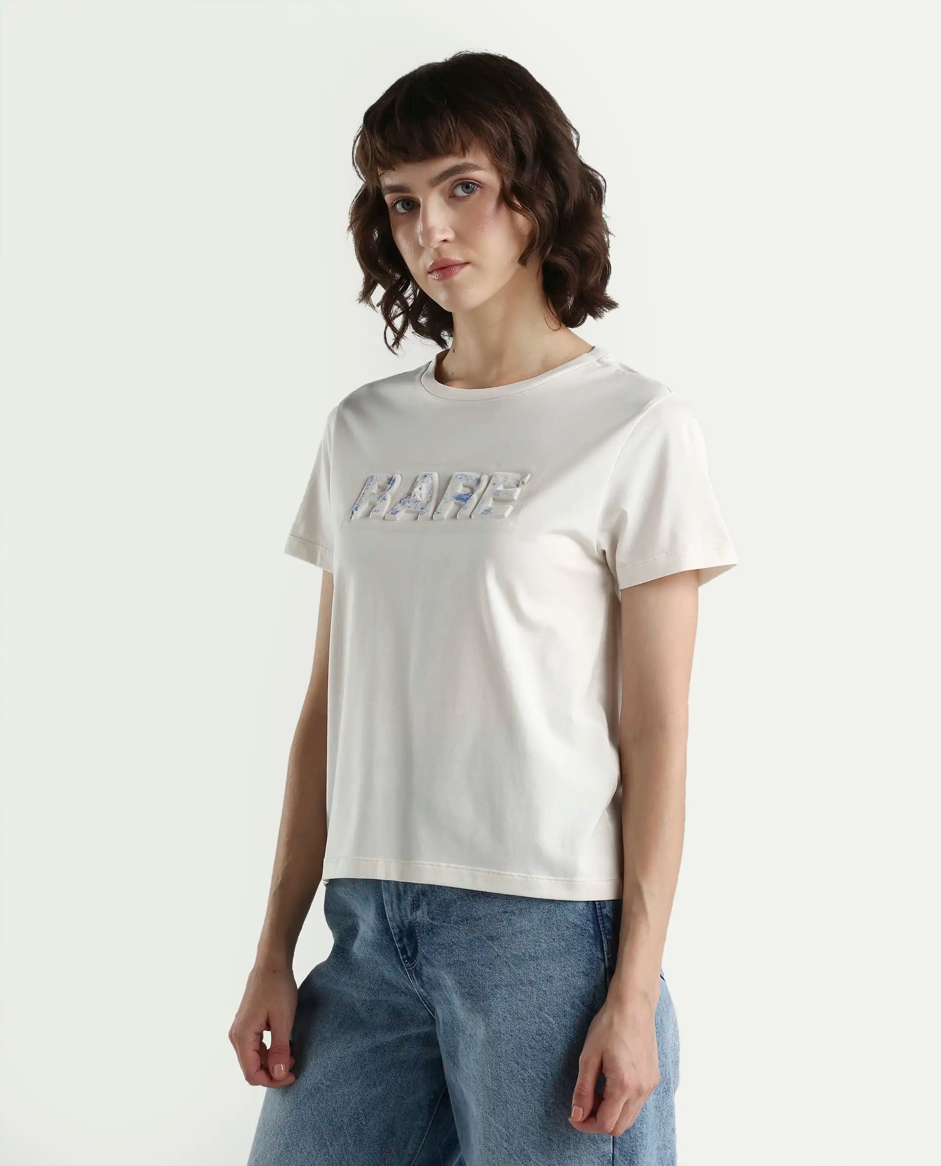 Rareism Women's Zen Off White Cotton Blend Half Sleeve Regular Fit Printed T-Shirt