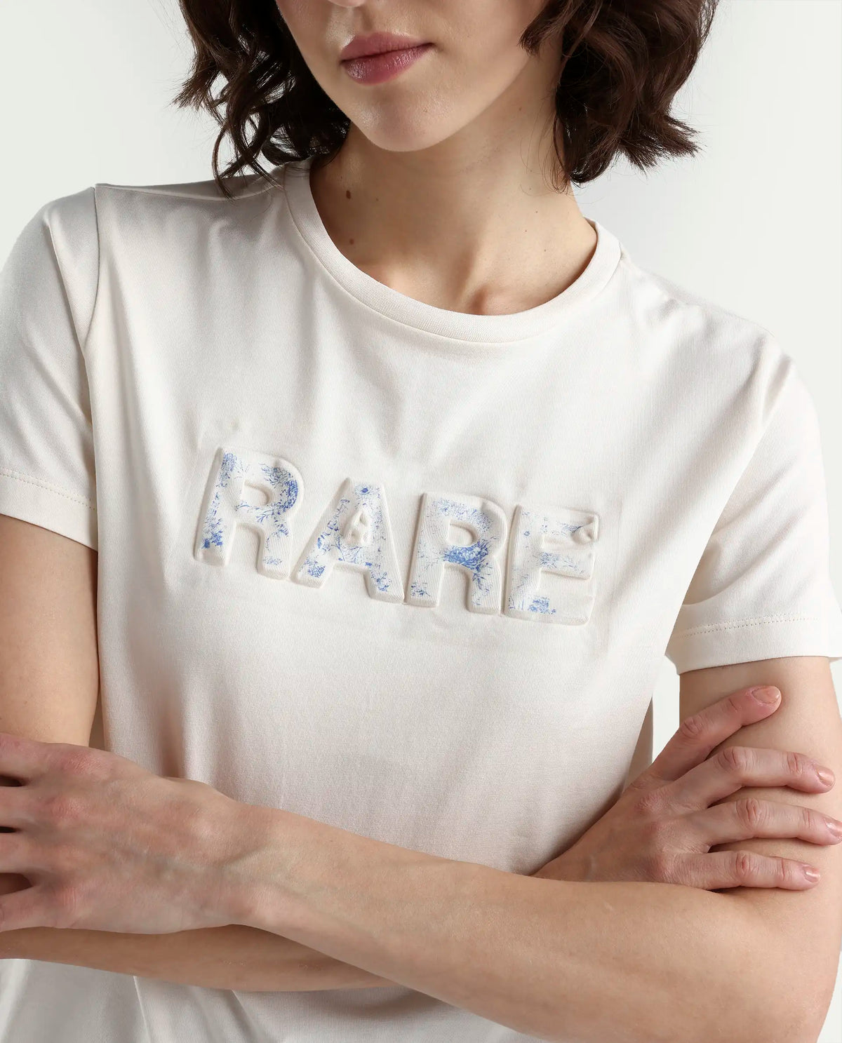 Rareism Women's Zen Off White Cotton Blend Half Sleeve Regular Fit Printed T-Shirt