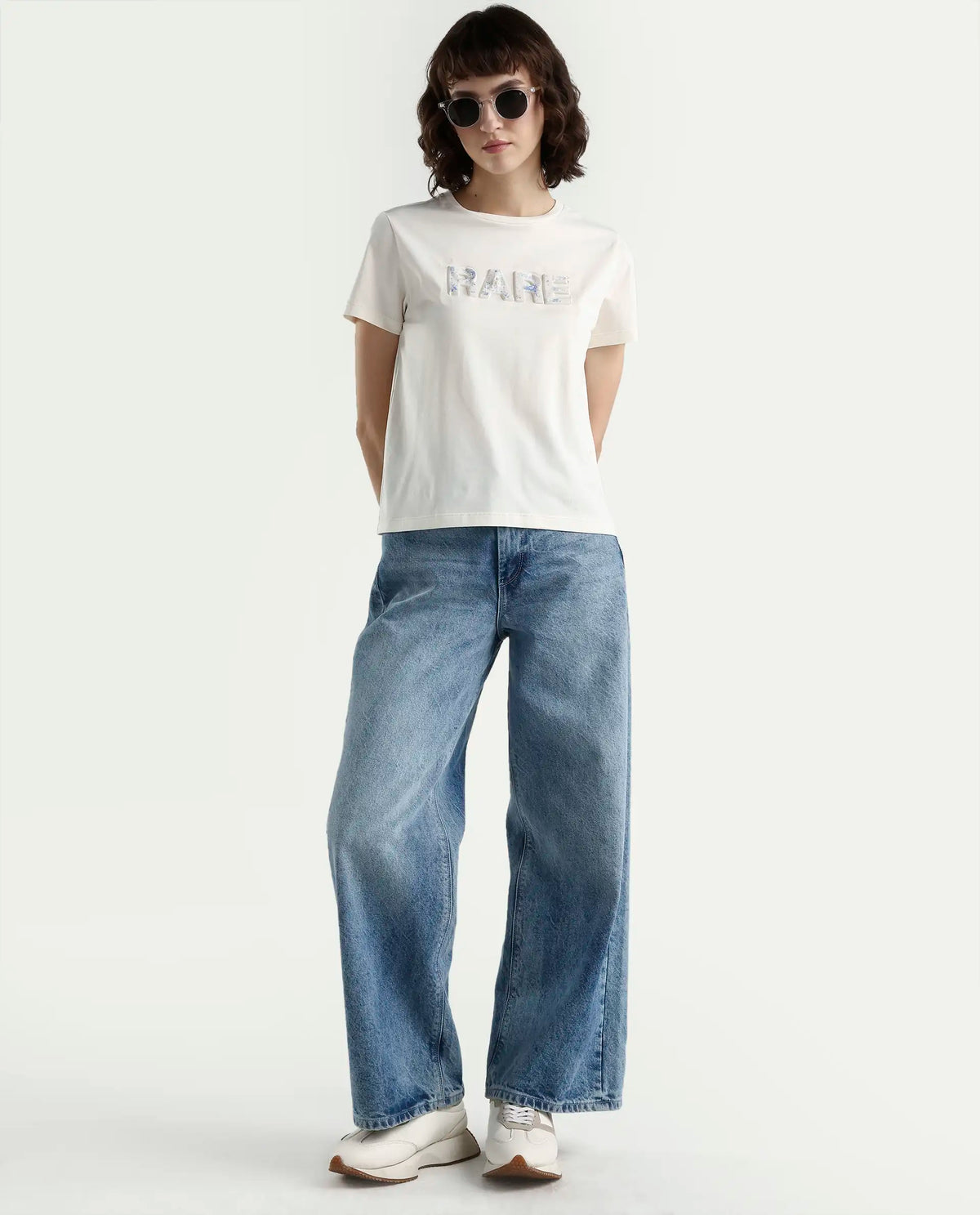 Rareism Women's Zen Off White Cotton Blend Half Sleeve Regular Fit Printed T-Shirt