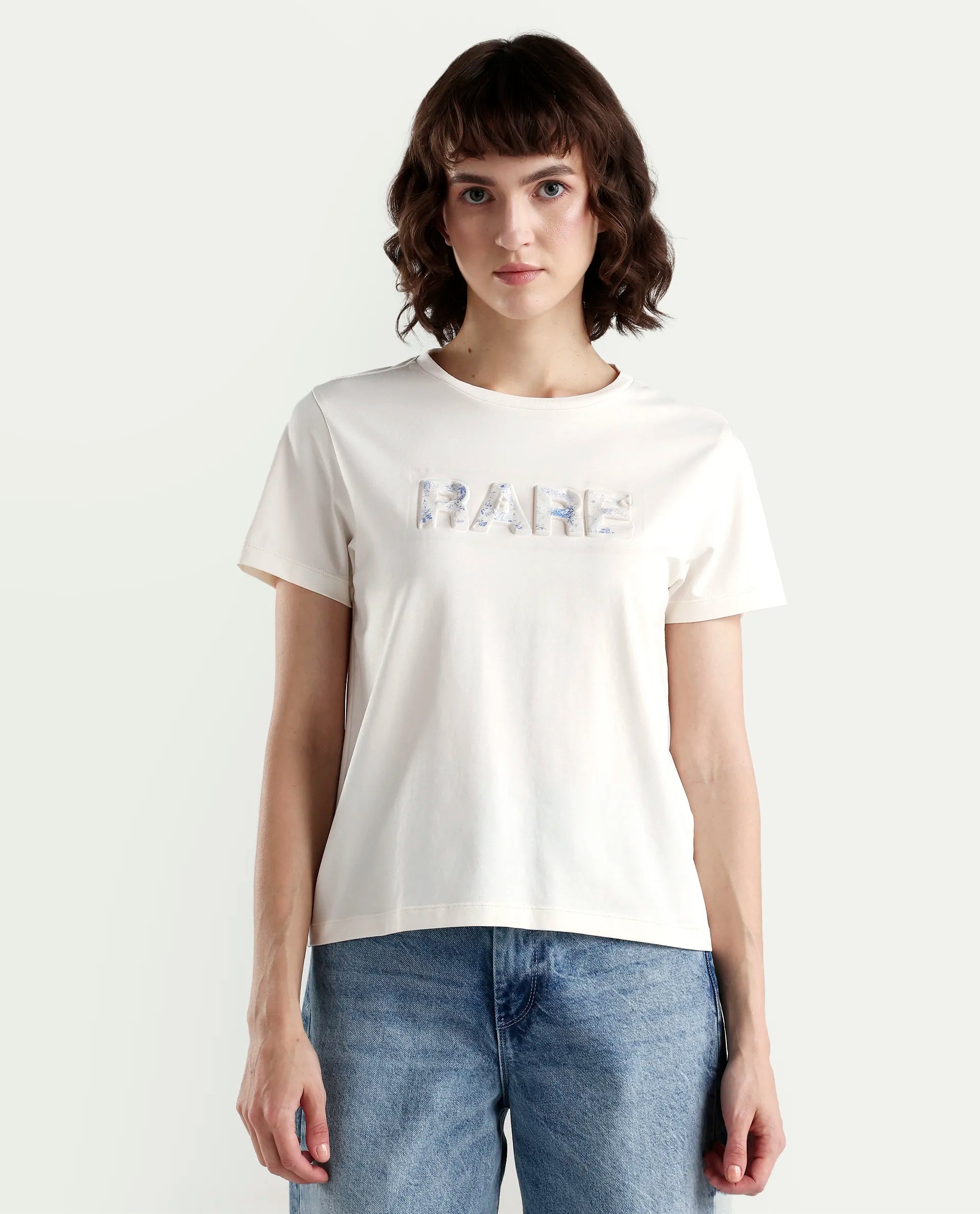 Rareism Women's Zen Off White Cotton Blend Half Sleeve Regular Fit Printed T-Shirt
