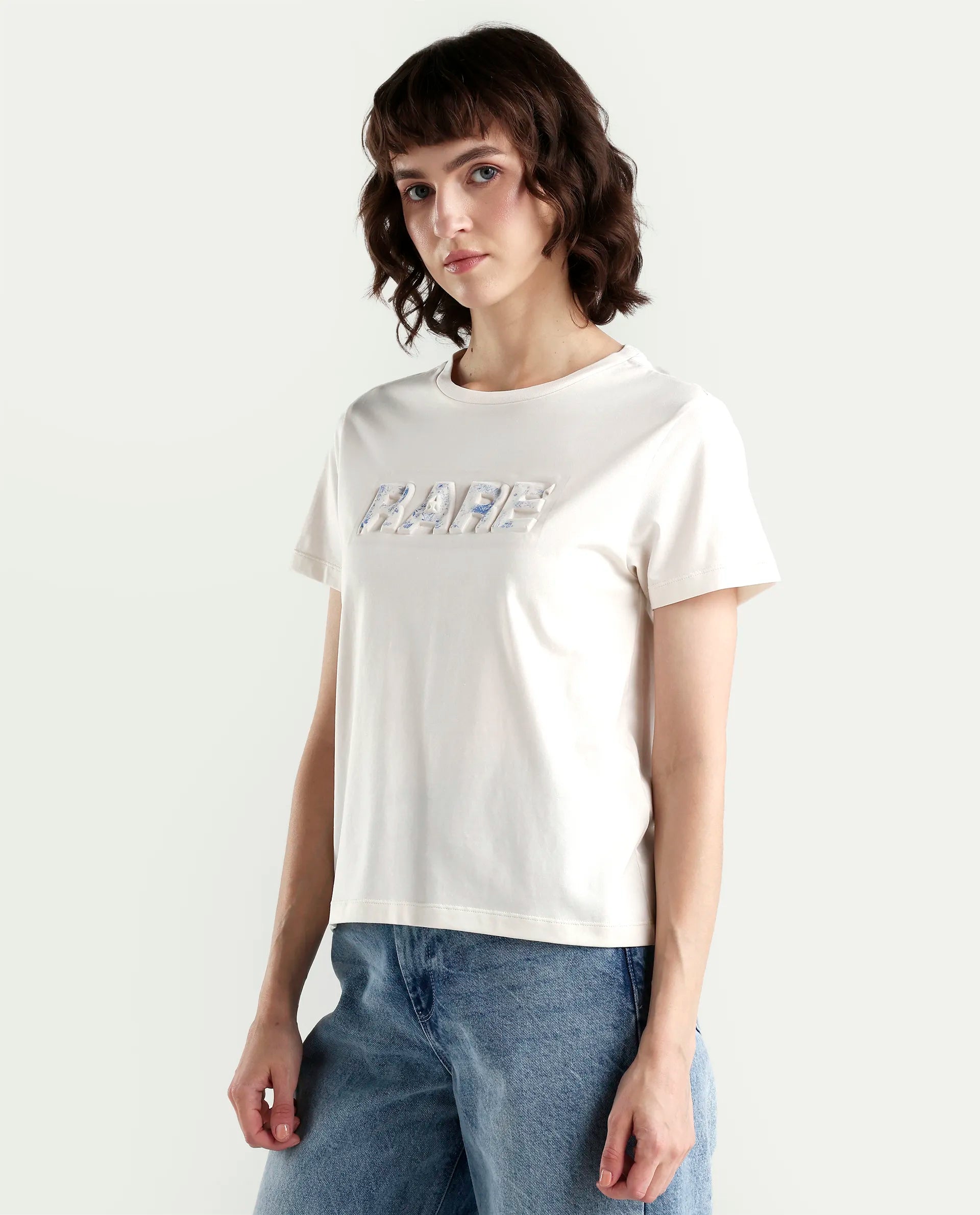 Rareism Women's Zen Off White Cotton Blend Half Sleeve Regular Fit Printed T-Shirt