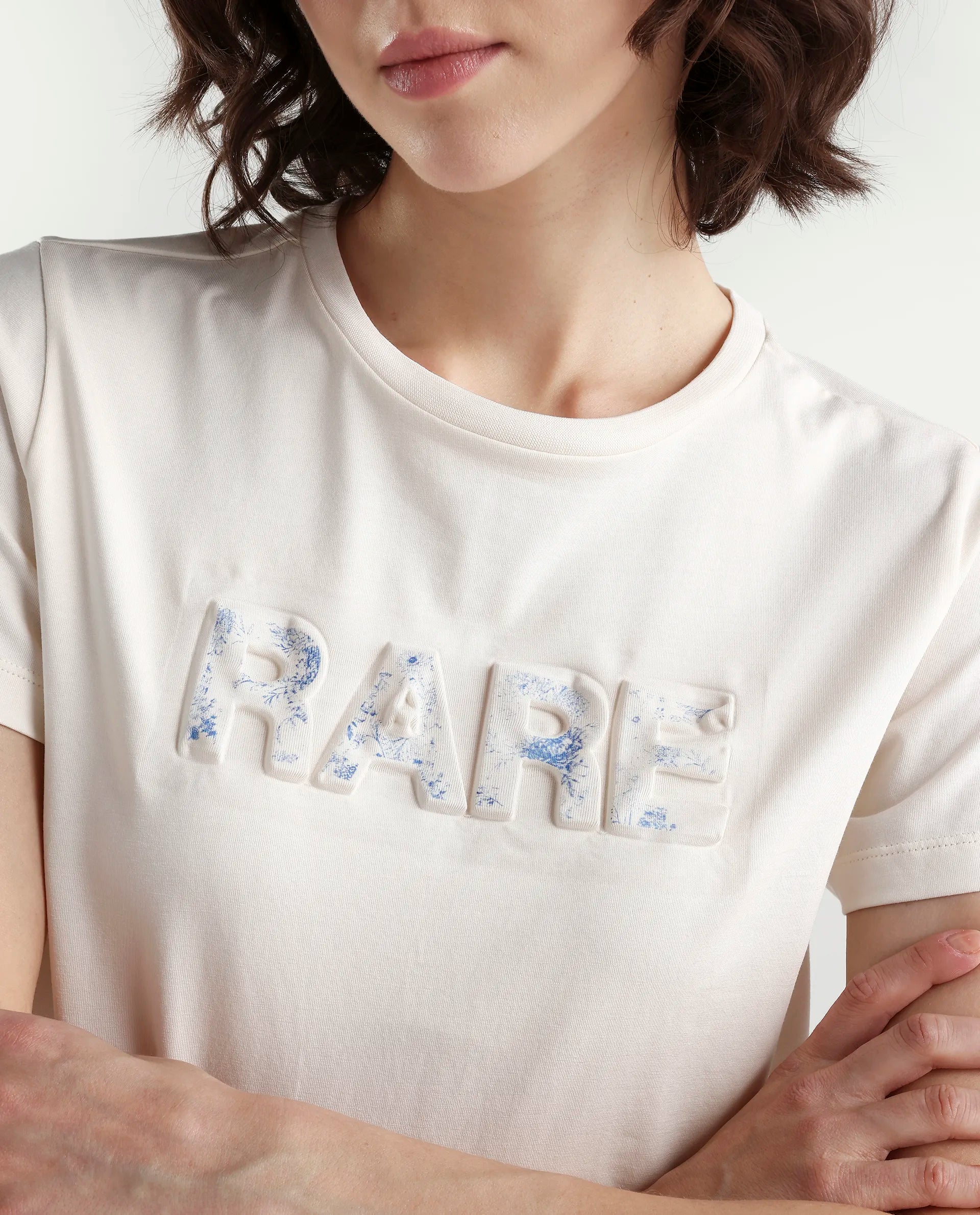 Rareism Women's Zen Off White Cotton Blend Half Sleeve Regular Fit Printed T-Shirt
