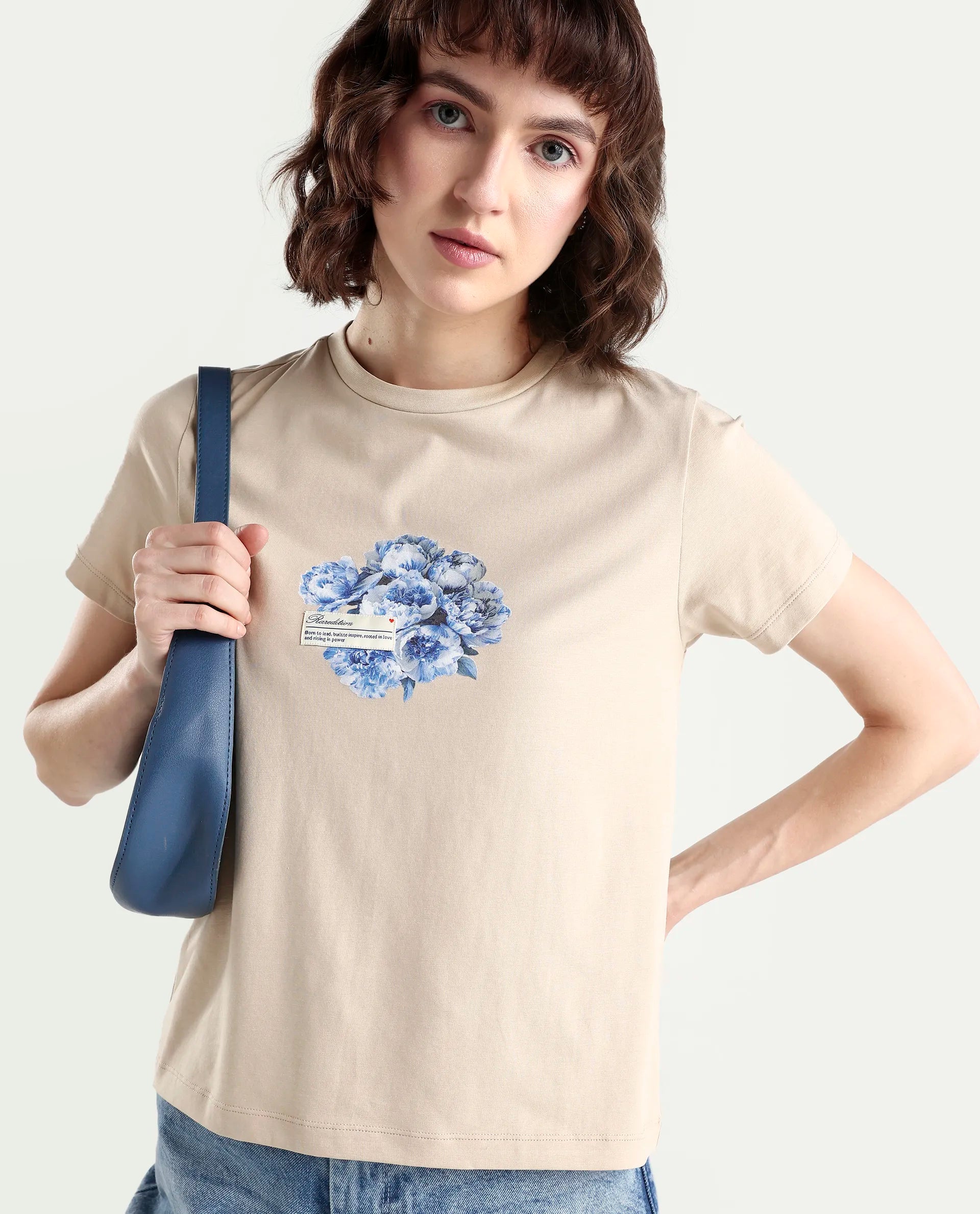 Rareism Women's Zak Beige Cotton Blend Half Sleeve Regular Fit Badge Print T-Shirt