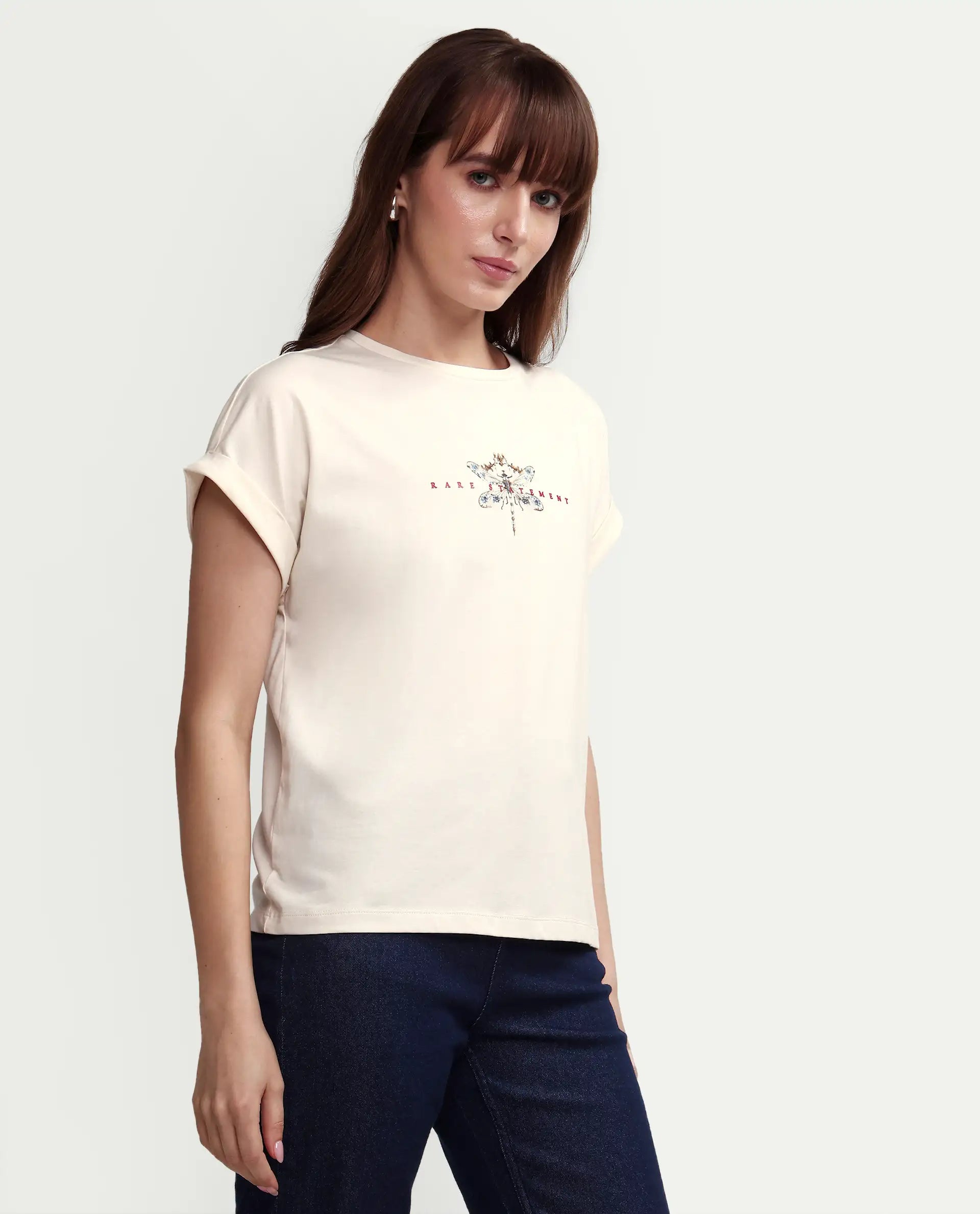 Rareism Women's Zucy Off White Cotton Blend Half Sleeve Relaxed Fit Digital Print T-Shirt