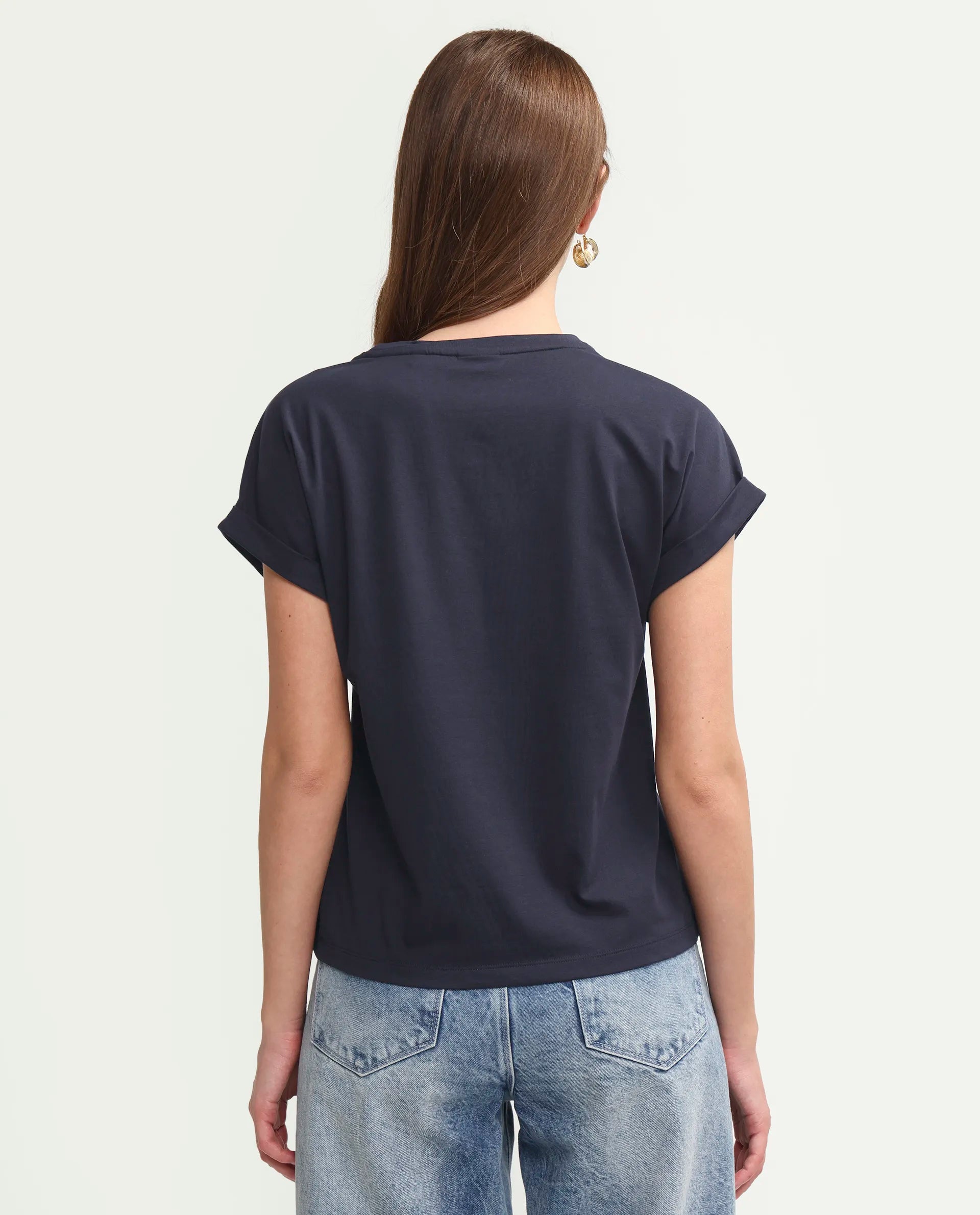 Rareism Women's Zurf Navy Cotton Blend Half Sleeve Relaxed Fit Plain T-Shirt