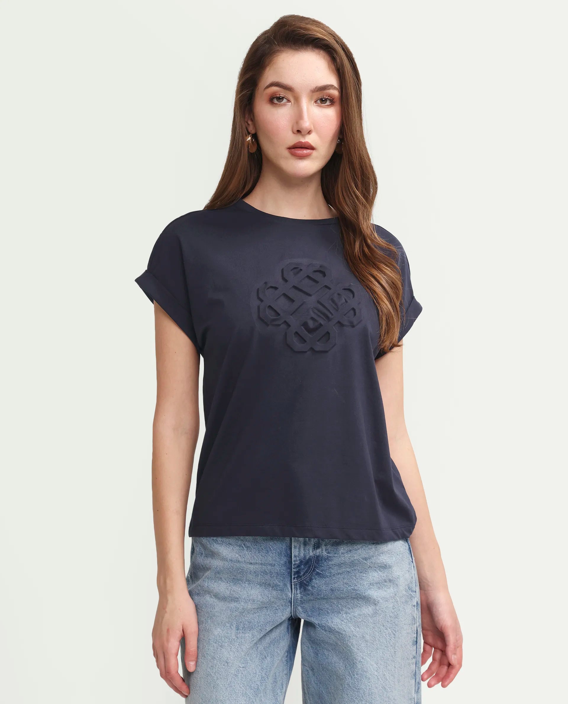 Rareism Women's Zurf Navy Cotton Blend Half Sleeve Relaxed Fit Plain T-Shirt